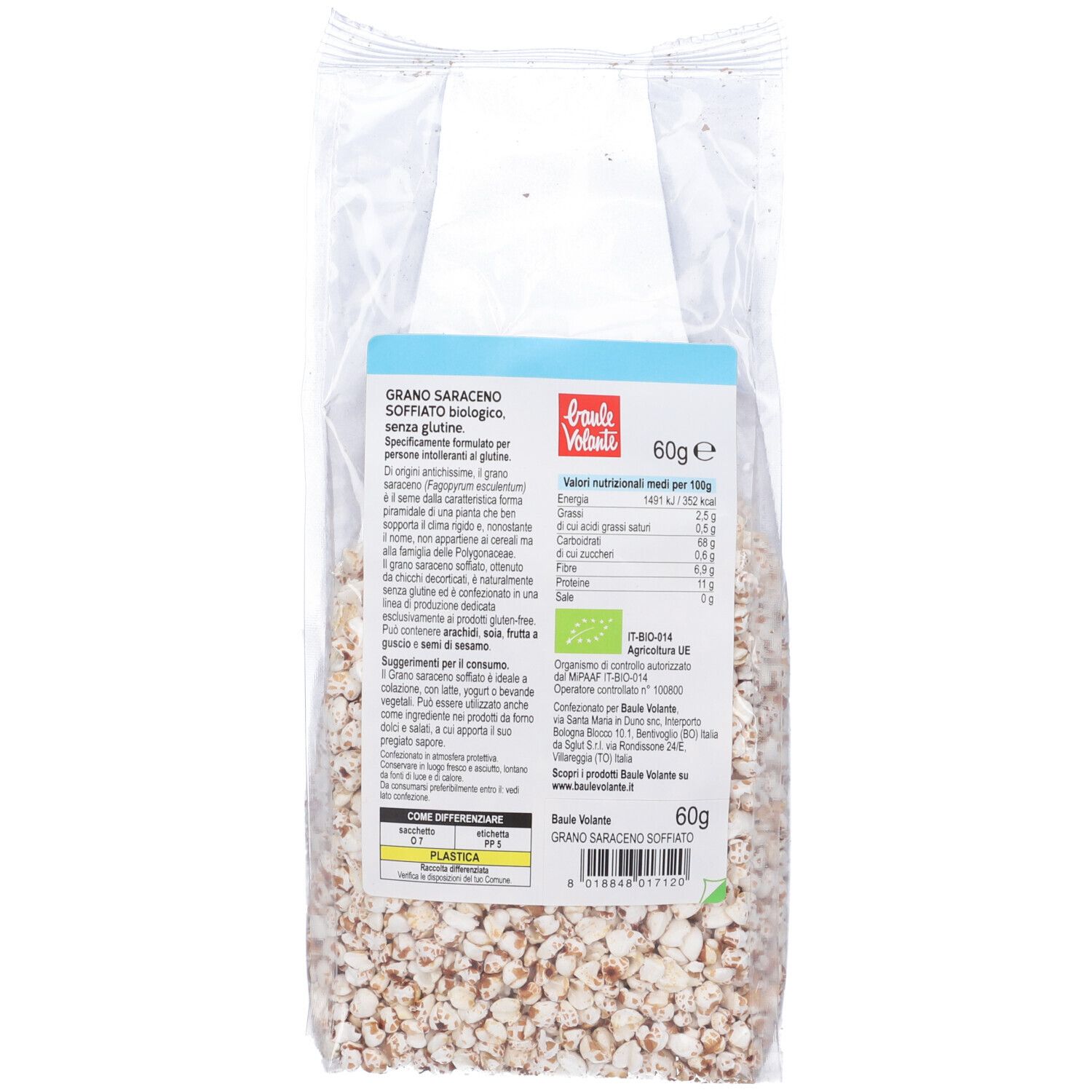 Retro della busta trasparente. Contiene grano saraceno soffiato. Etichetta con testo: "Grano saraceno soffiato biologico", informazioni nutrizionali, "60g", e marchio bio.