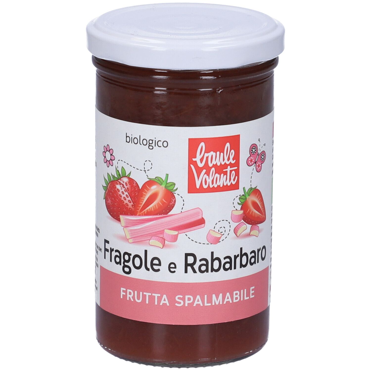 Vasetto di frutta spalmabile fragola e rabarbaro. Coperchio bianco, etichetta con nome del prodotto e illustrazioni. Marca: Baule Volante.