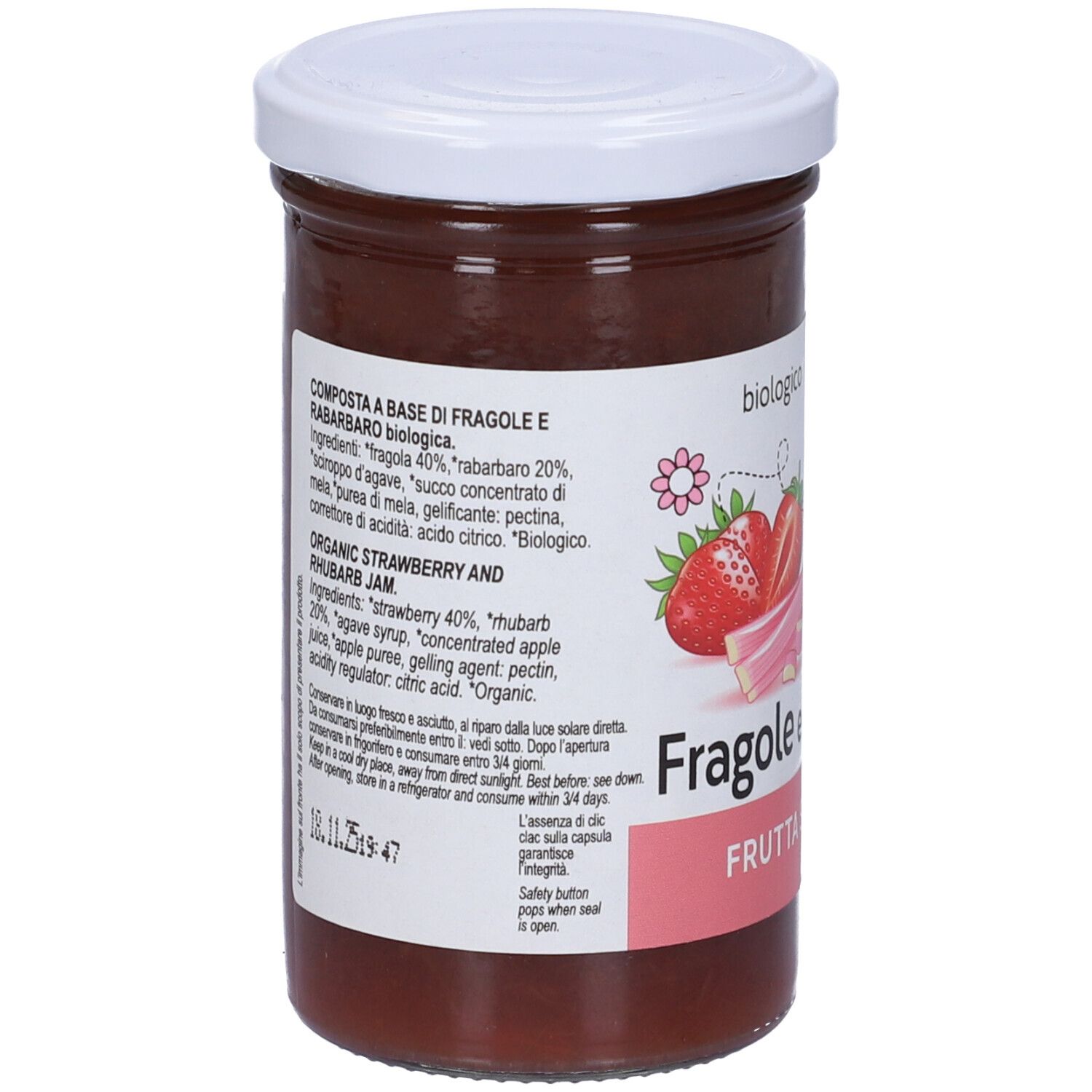 Vasetto di frutta spalmabile fragola e rabarbaro. Retro con elenco ingredienti e informazioni nutrizionali. Marca: Baule Volante.