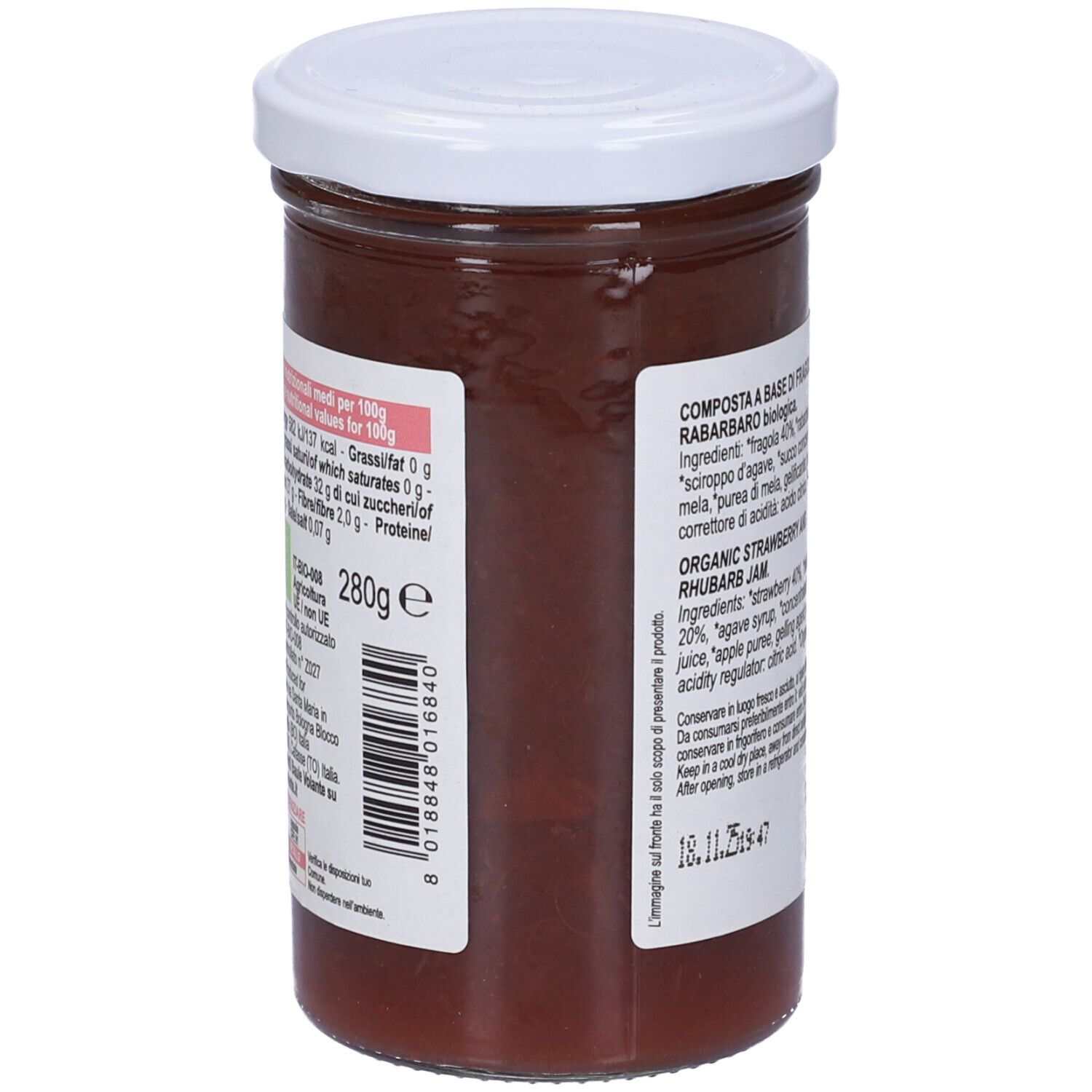 Vasetto di frutta spalmabile fragola e rabarbaro. Retro con informazioni nutrizionali e codice a barre. Marca: Baule Volante.