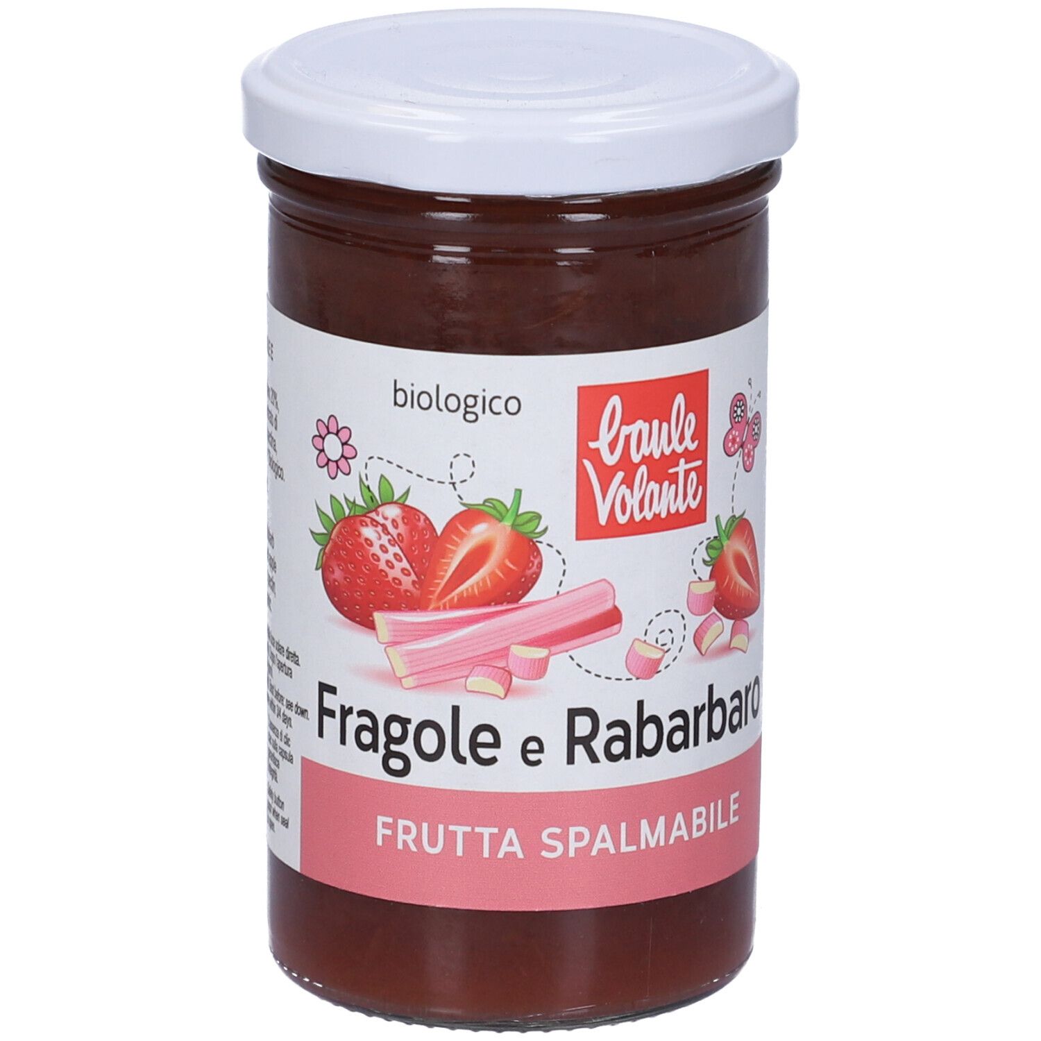 Vasetto di frutta spalmabile fragola e rabarbaro. Coperchio bianco, etichetta con nome del prodotto e illustrazioni. Marca: Baule Volante.