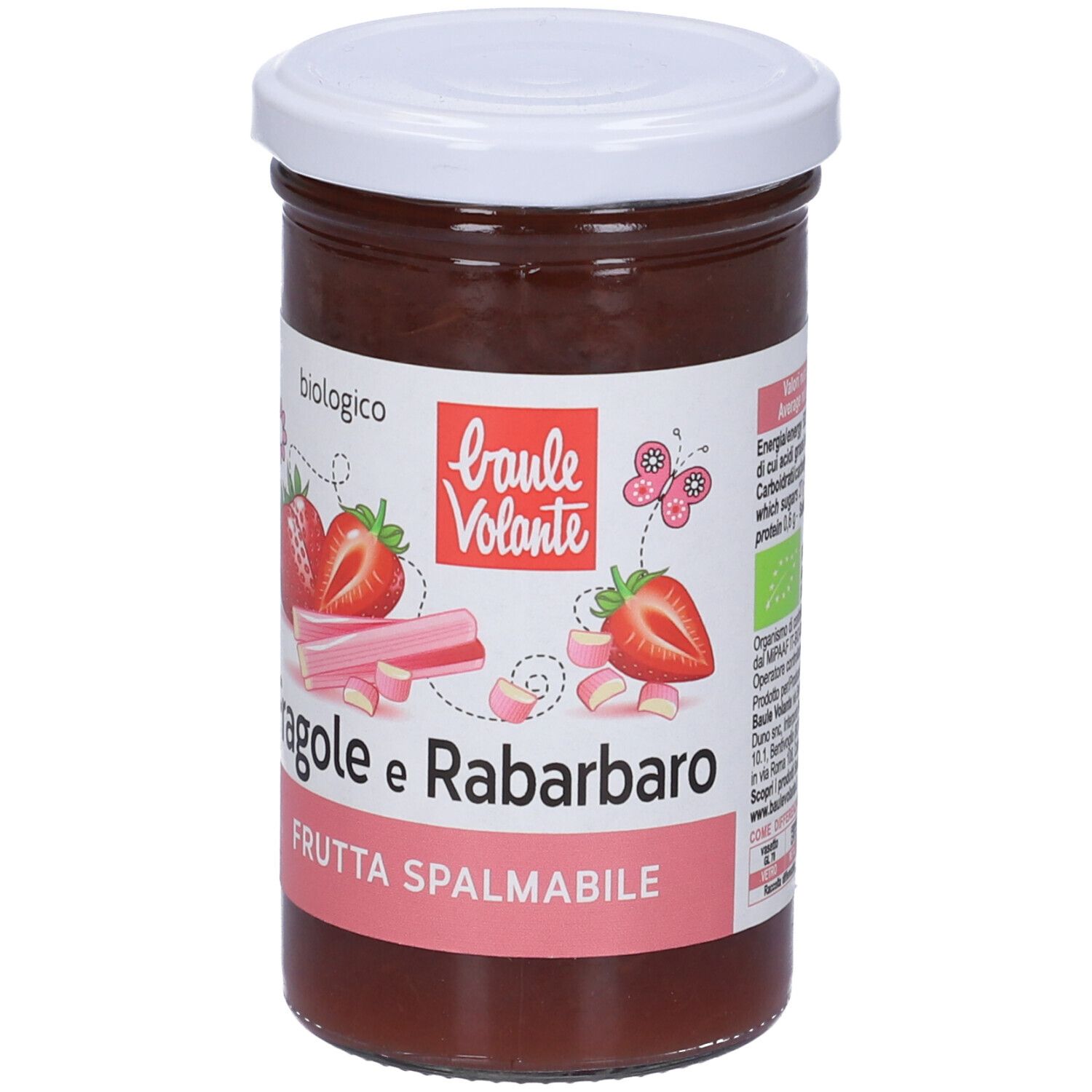 Vasetto di frutta spalmabile fragola e rabarbaro. Coperchio bianco, etichetta con nome del prodotto e illustrazioni. Marca: Baule Volante.