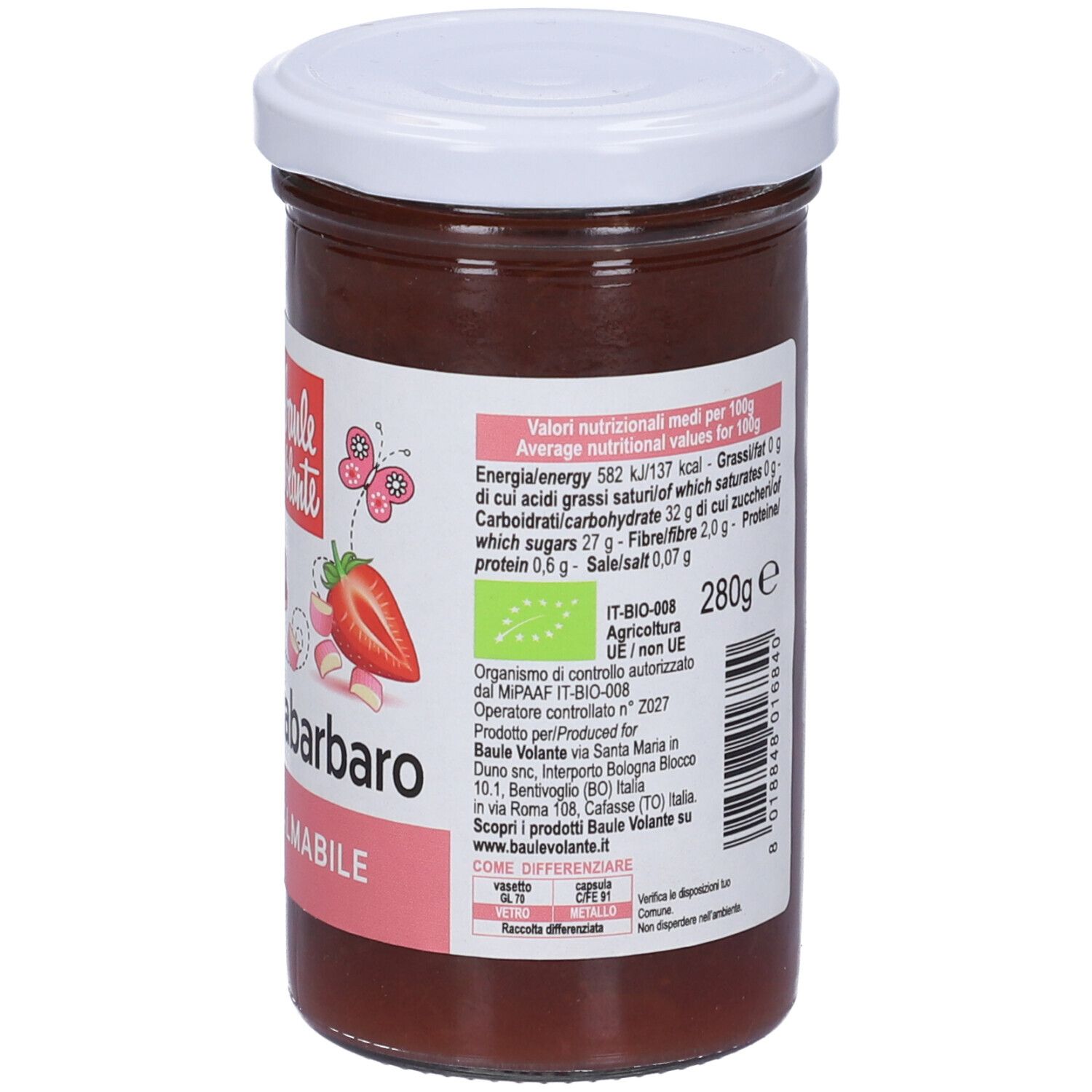 Vasetto di frutta spalmabile fragola e rabarbaro. Retro con informazioni nutrizionali e certificazione. Marca: Baule Volante.