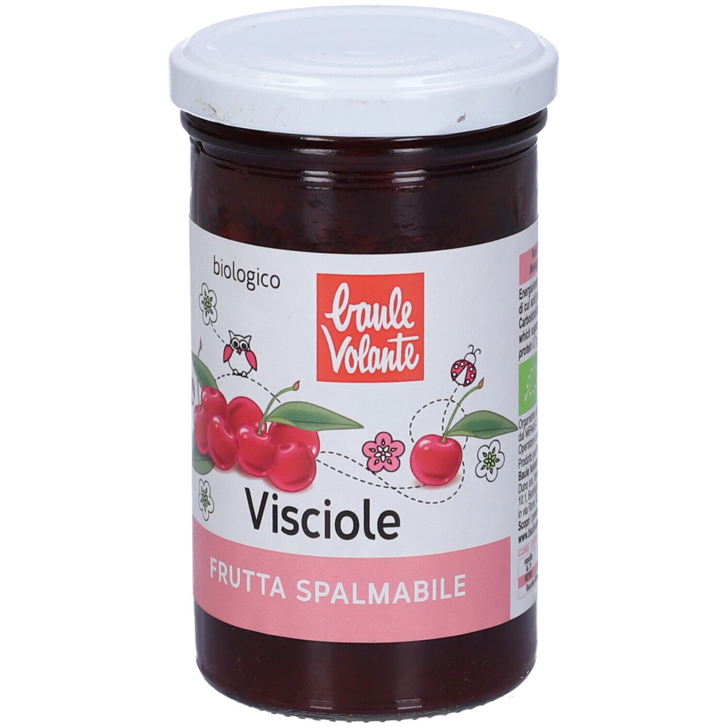 Vasetto di confettura di Visciole. Coperchio bianco, etichetta con ciliegie, scritta Visciole e Frutta Spalmabile.