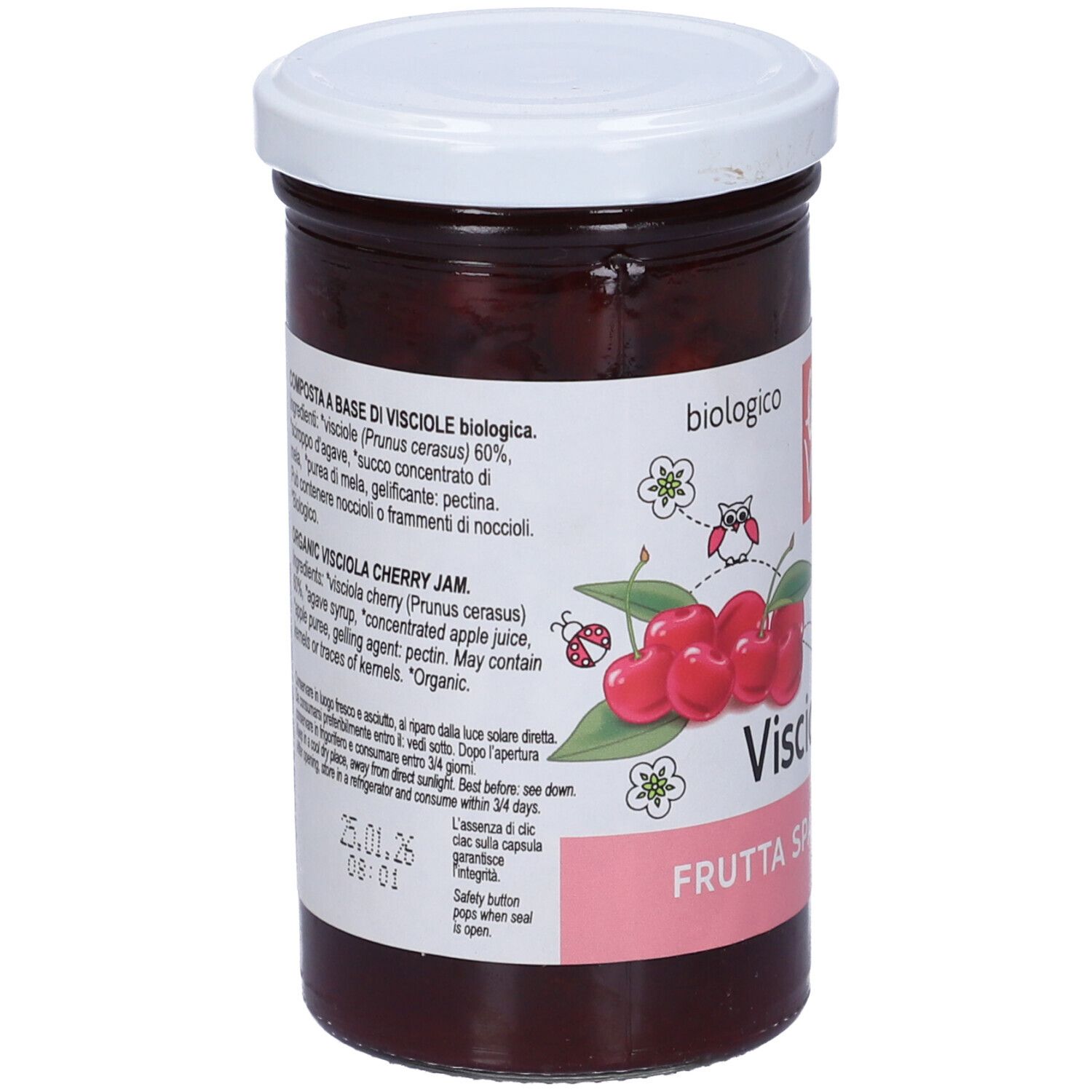 Vasetto di confettura di Visciole. Etichetta con elenco ingredienti e data di scadenza. Coperchio bianco.