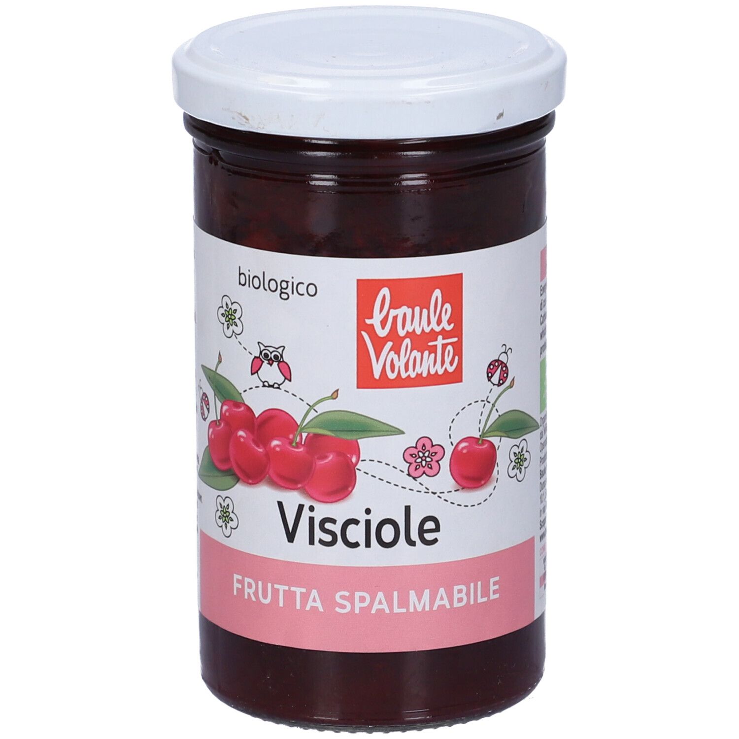 Vasetto di confettura di Visciole. Coperchio bianco, etichetta con ciliegie, scritta Visciole e Frutta Spalmabile.