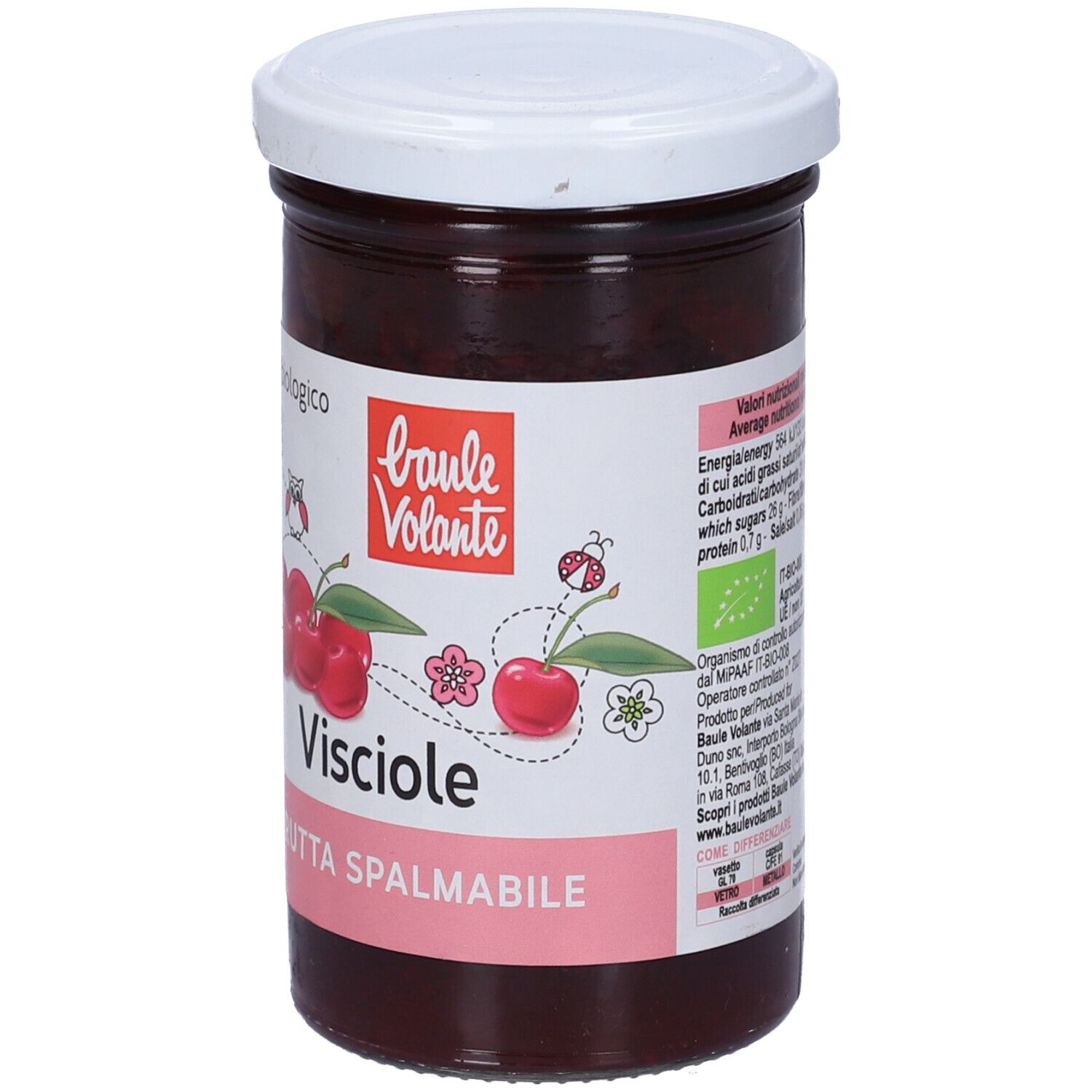 Vasetto di confettura di Visciole. Etichetta con ciliegie, scritta Visciole e Frutta Spalmabile. Coperchio bianco.