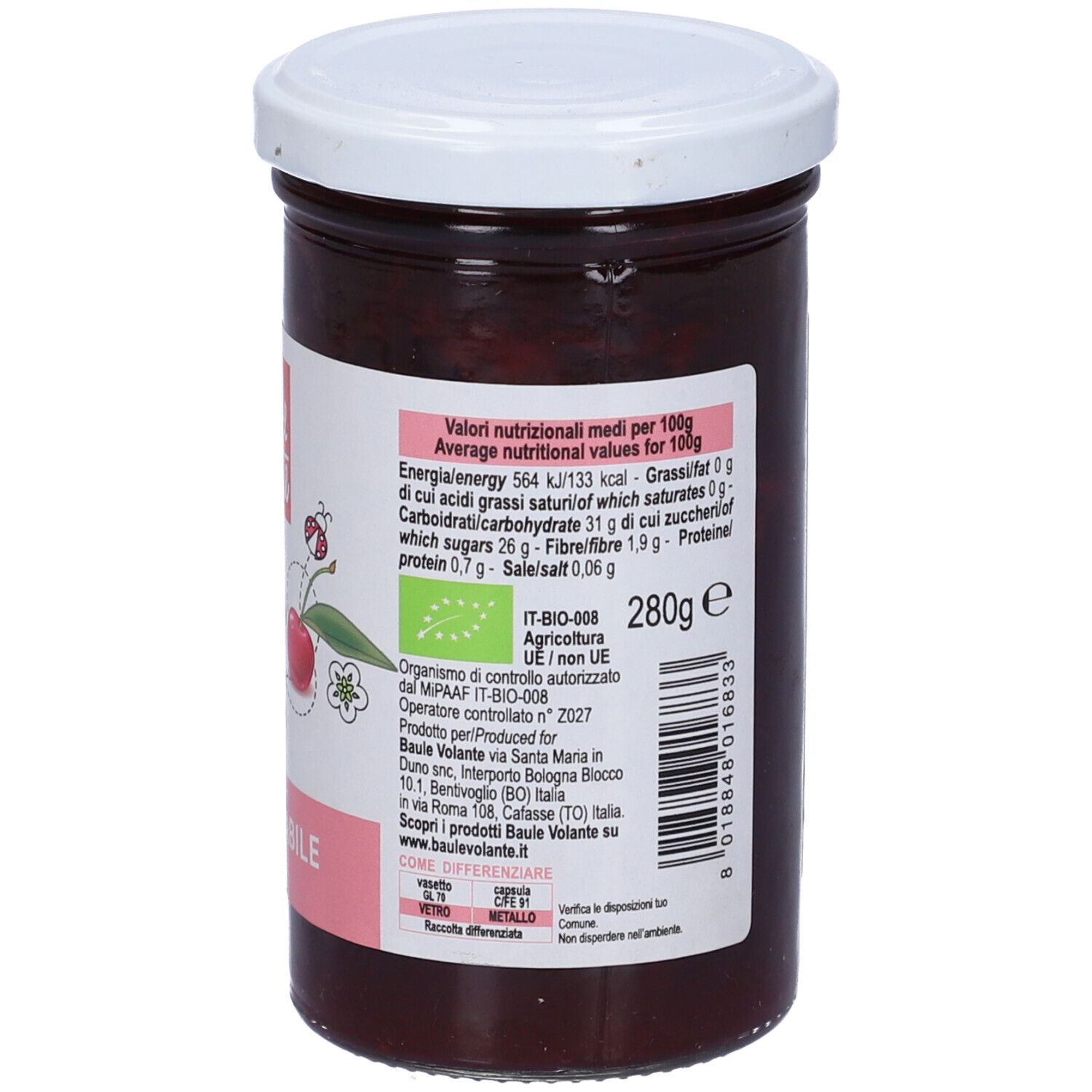 Vasetto di confettura di Visciole. Retro con valori nutrizionali, marchio bio e numero di lotto. Coperchio bianco.