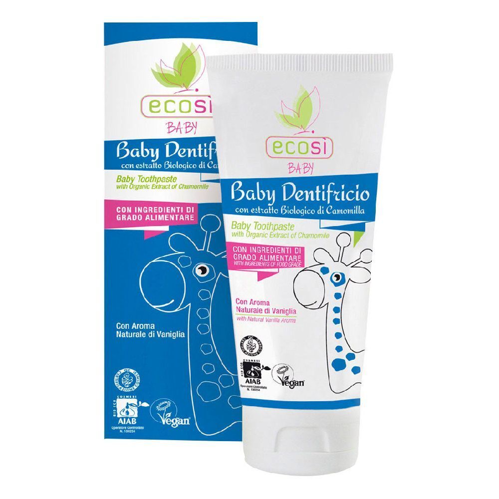 Tubo e scatola di dentifricio. Scritta: Baby Dentifricio. Con estratto di camomilla. Illustrazione giraffa. Sigillo Vegan.