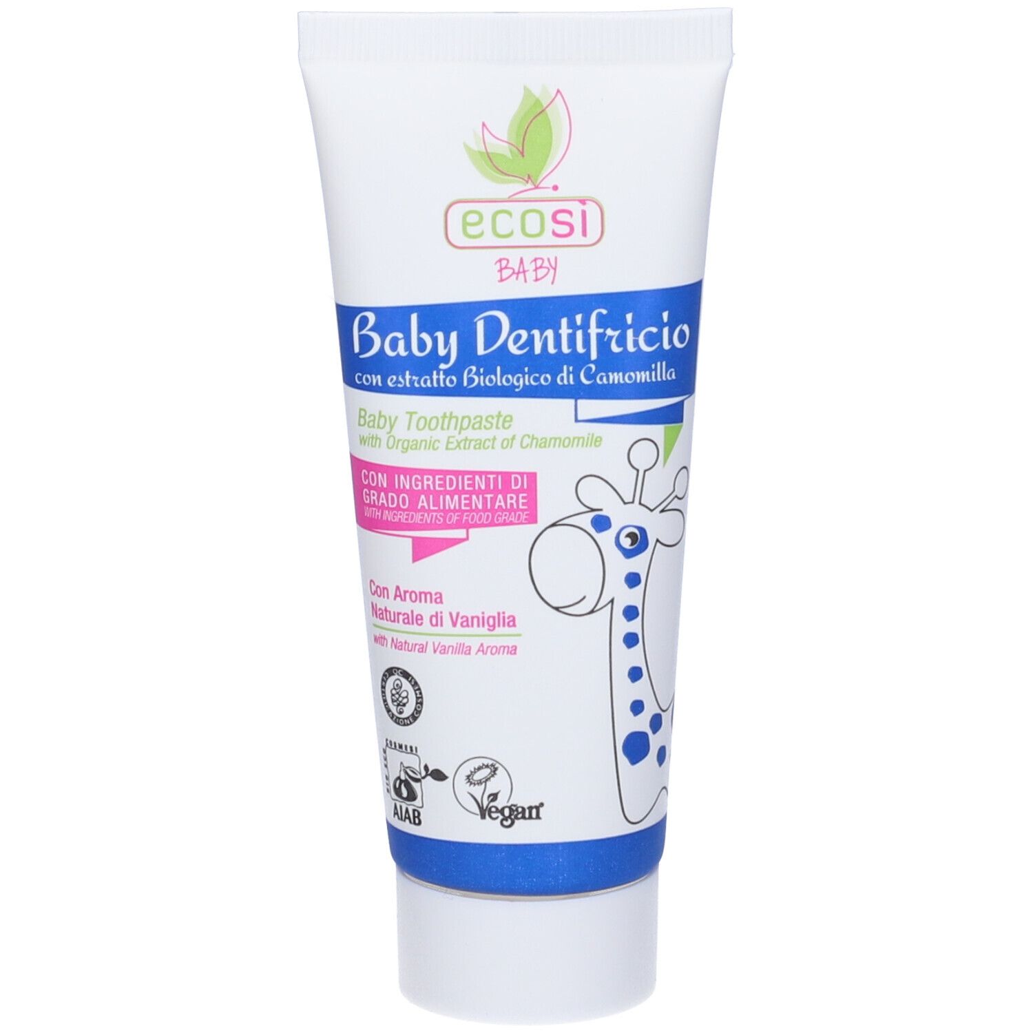 Tubo di dentifricio. Scritta: Baby Dentifricio. Con estratto di camomilla. Illustrazione giraffa. Sigillo Vegan.