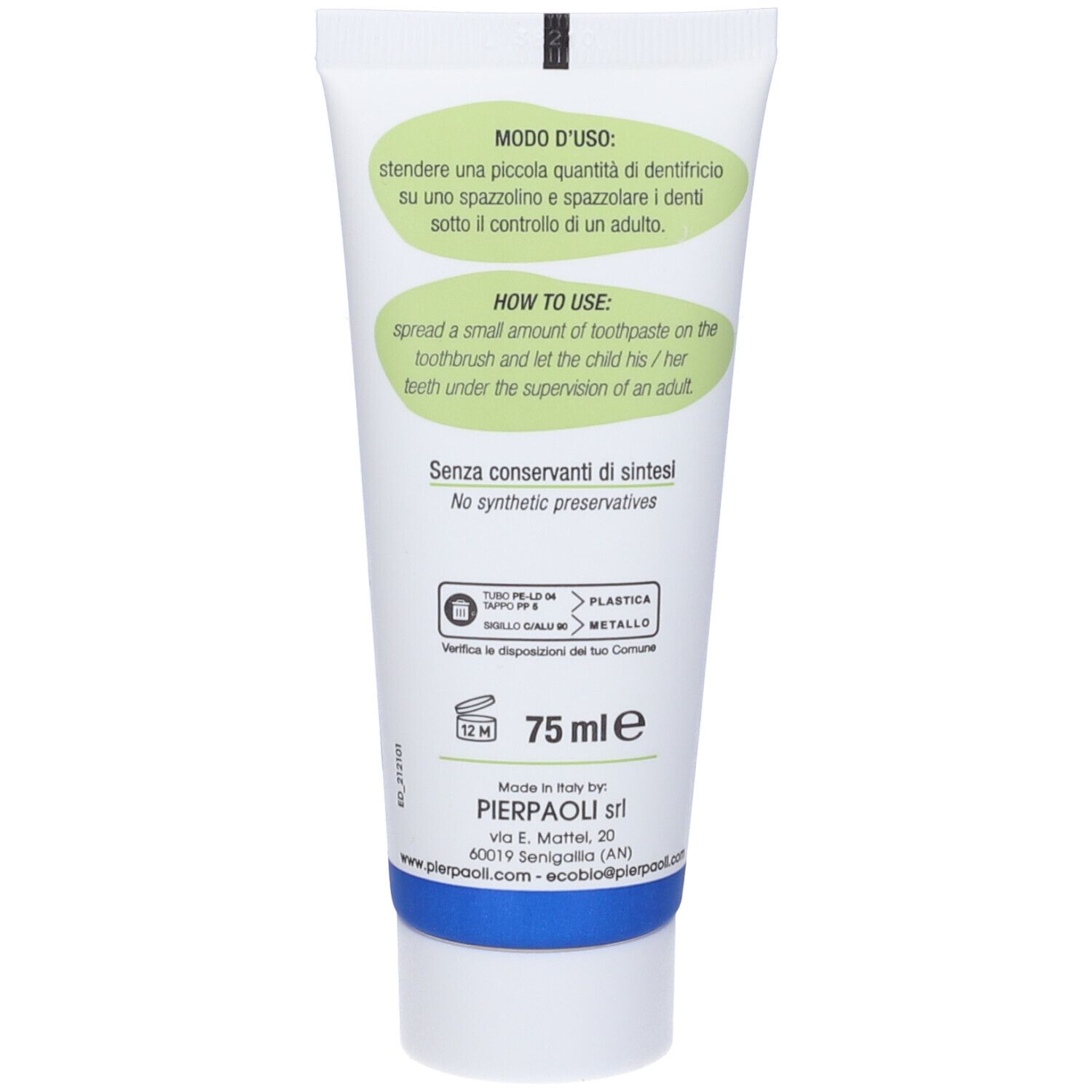 Retro del tubetto di dentifricio. Istruzioni per l'uso. Senza conservanti sintetici. 75 ml. Informazioni produttore.