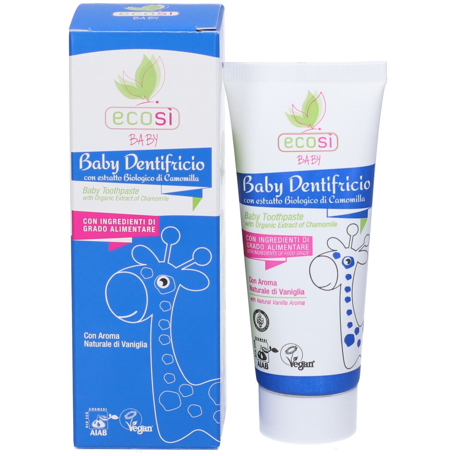 Tubo e scatola di dentifricio. Scritta: Baby Dentifricio. Con estratto di camomilla. Illustrazione giraffa. Sigillo Vegan.