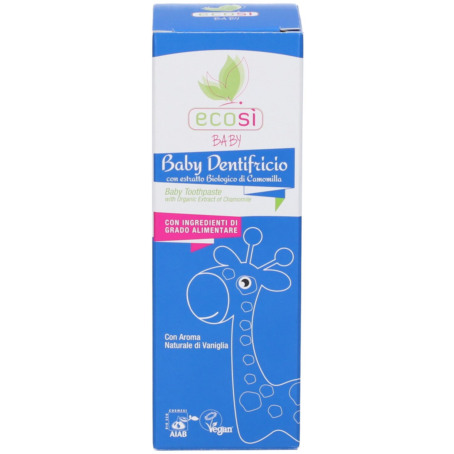 Scatola. Scritta: Baby Dentifricio. Con estratto di camomilla. Illustrazione giraffa. Sigillo Vegan.