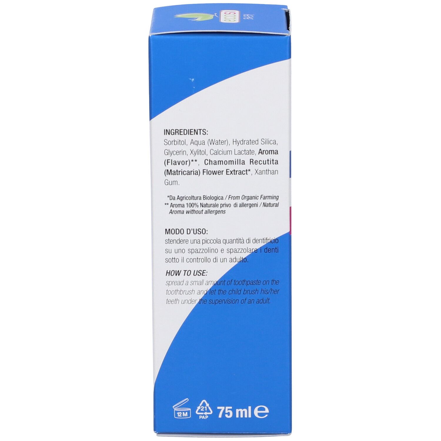 Scatola. Elenco ingredienti. Istruzioni per l'uso. 75 ml. Informazioni produttore.