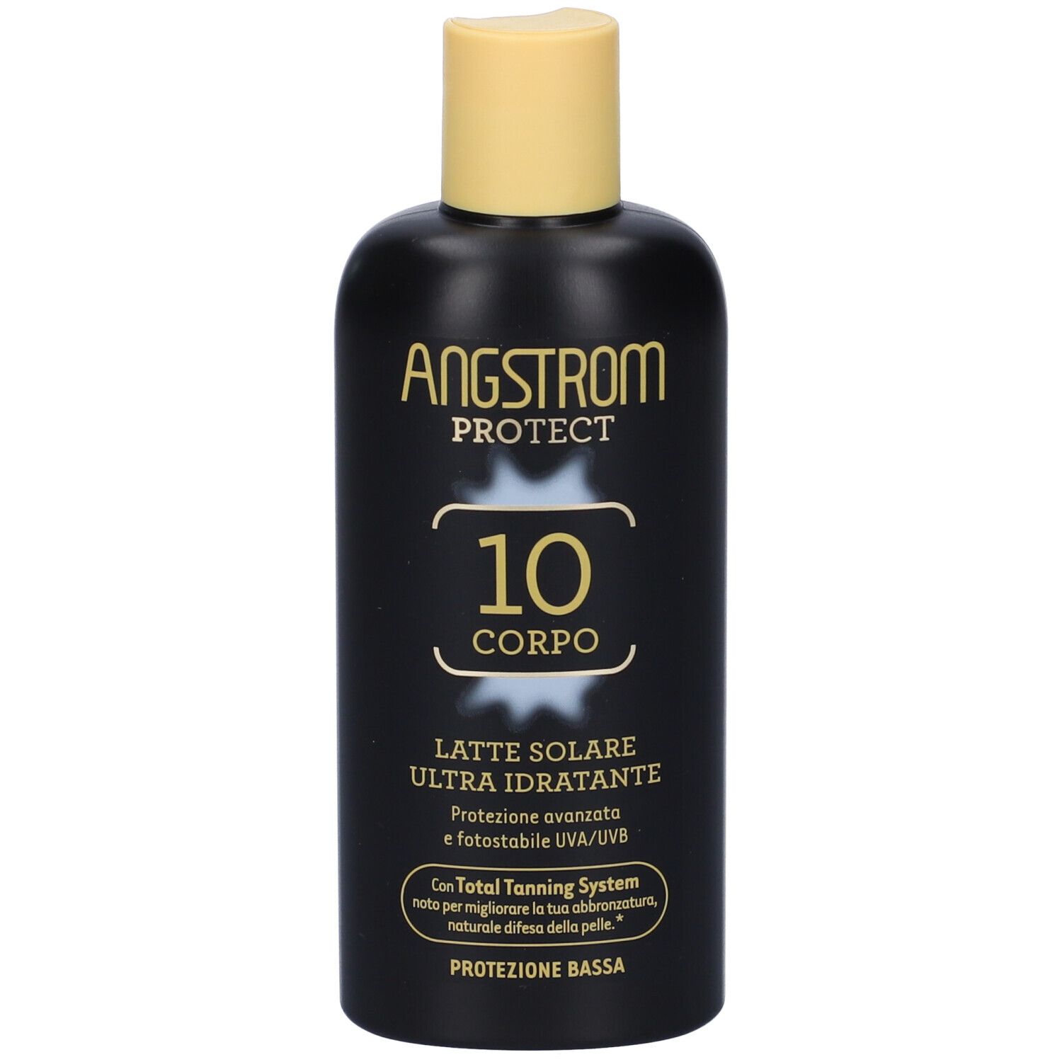Flacone nero con tappo giallo. Scritta: Angstrom Protect, 10 Corpo, Latte Solare Ultra Idratante. Protezione SPF 10.
