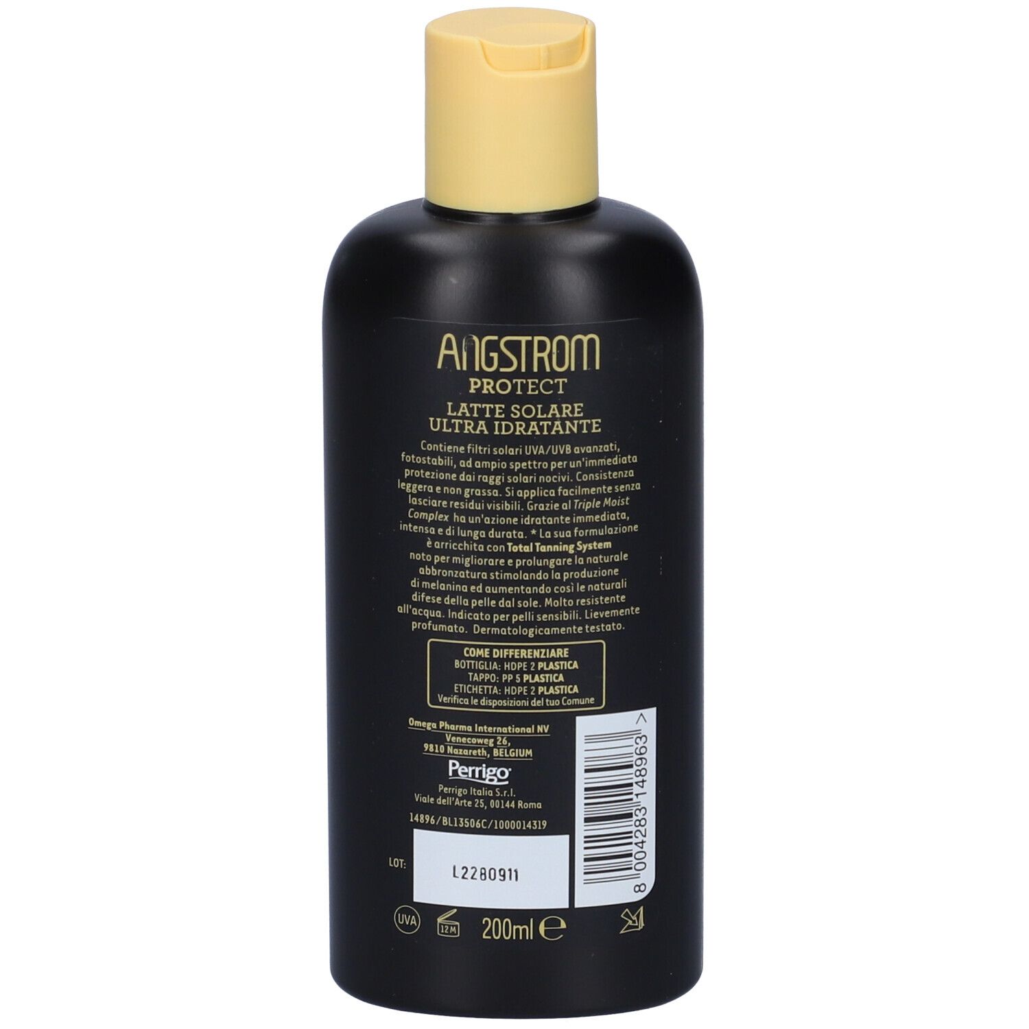 Retro del flacone nero con tappo giallo. Testo: Angstrom Protect, Latte Solare Ultra Idratante. Informazioni e ingredienti.