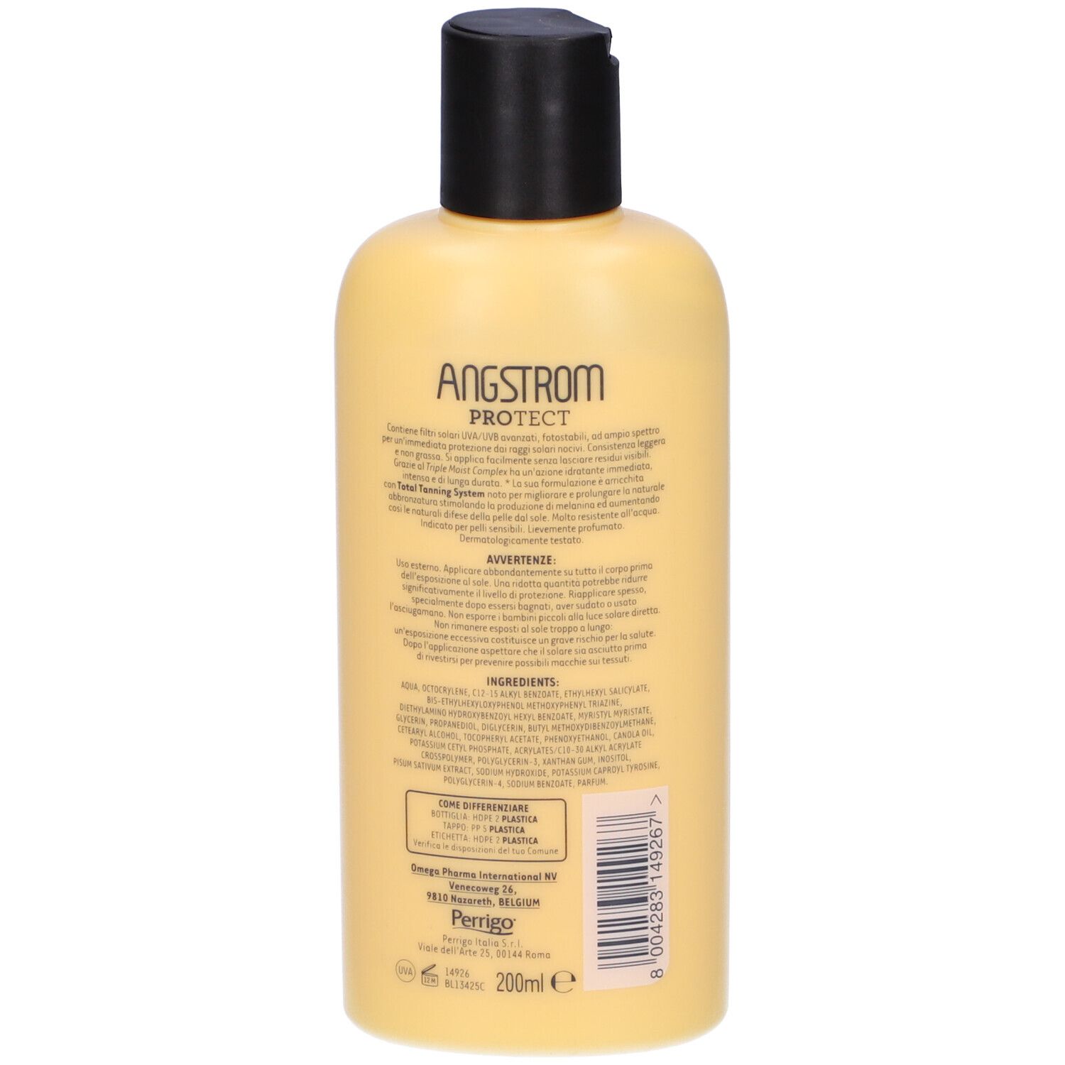Flacone giallo con tappo nero. Retro con testo. Ingredienti e informazioni del produttore. 200ml.