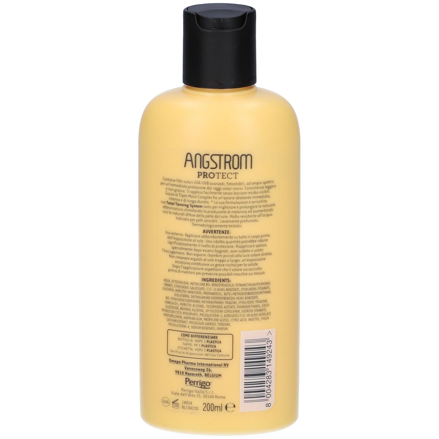 Flacone giallo con tappo nero. Retro con testo. Ingredienti e informazioni del produttore.