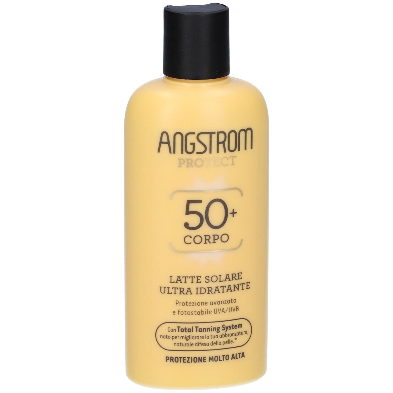 Flacone giallo con tappo nero. Scritta: ANGSTROM PROTECT 50+ CORPO, LATTE SOLARE ULTRA IDRATANTE.