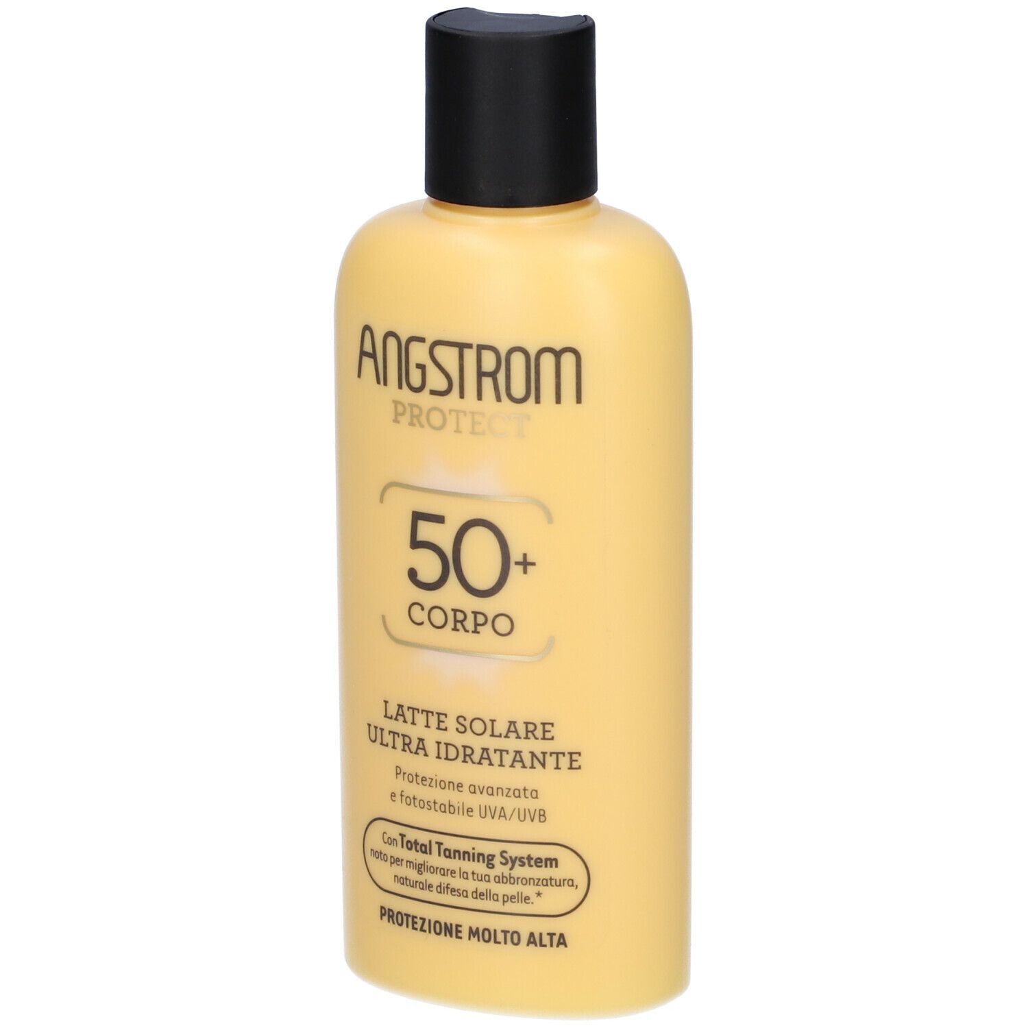 Flacone giallo con tappo nero. Scritta: ANGSTROM PROTECT 50+ CORPO, LATTE SOLARE ULTRA IDRATANTE.
