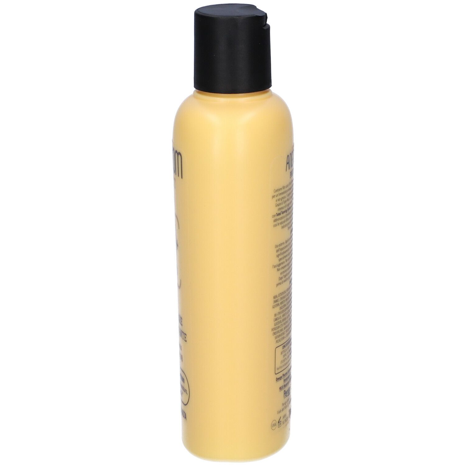Flacone giallo con tappo nero, vista laterale con testo. Nome del prodotto parzialmente visibile.