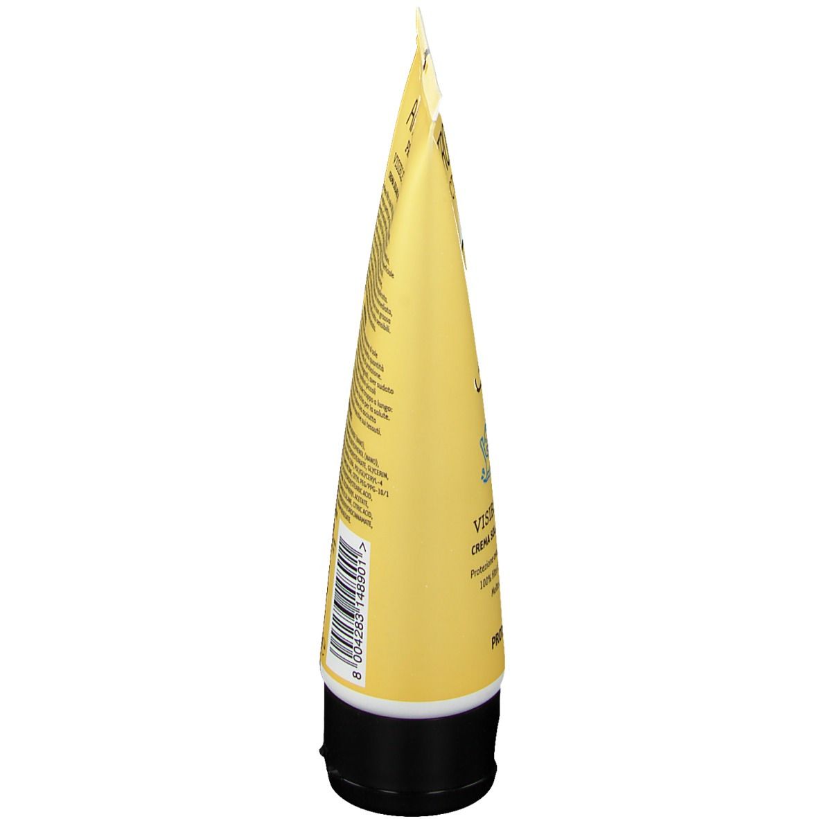 Tubo giallo, vista laterale. Tappo nero. Testo sul tubo. Nome del prodotto illeggibile.