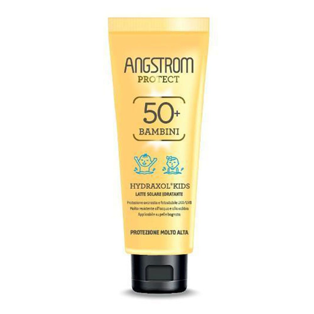 Tubo giallo ANGSTROM PROTECT, 50+ BAMBINI, HYDRAXOL KIDS. Tappo nero. Crema solare per bambini.