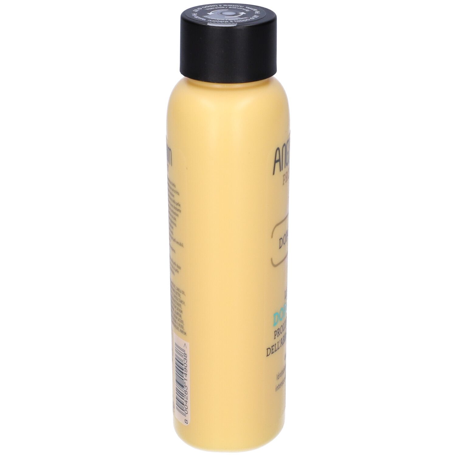 Flacone giallo con tappo nero. Testo sul flacone.