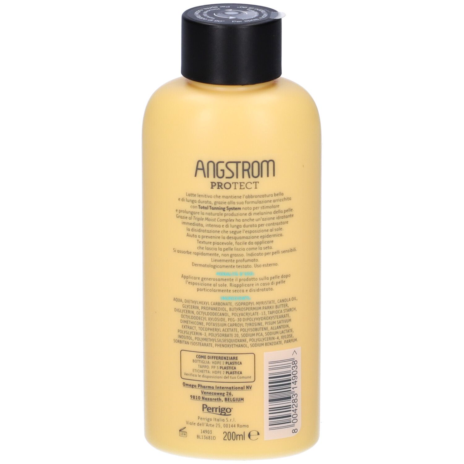 Flacone giallo con tappo nero. Testo: ANGSTROM PROTECT, ingredienti e informazioni.