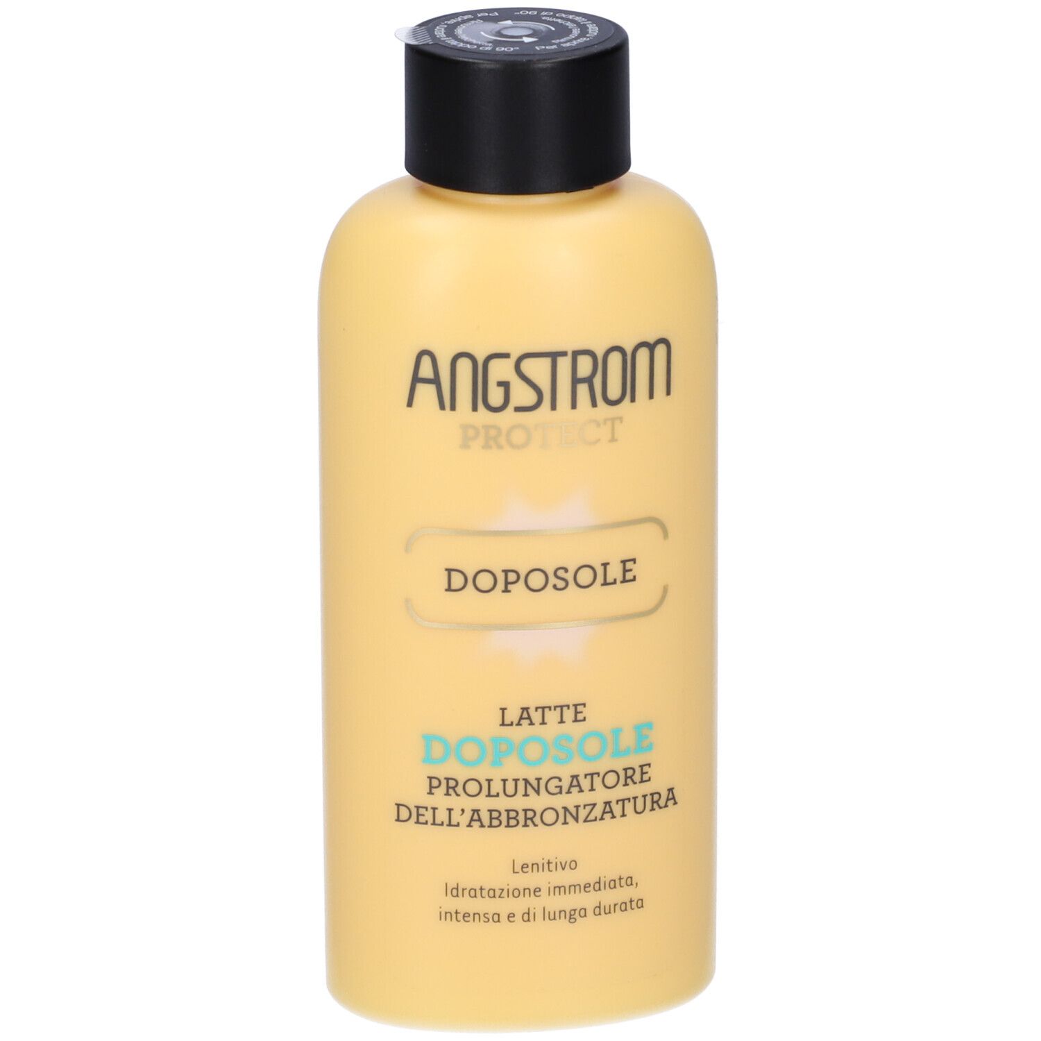 Flacone giallo con tappo nero. Testo: ANGSTROM PROTECT, DOPOSOLE, LATTE DOPOSOLE.