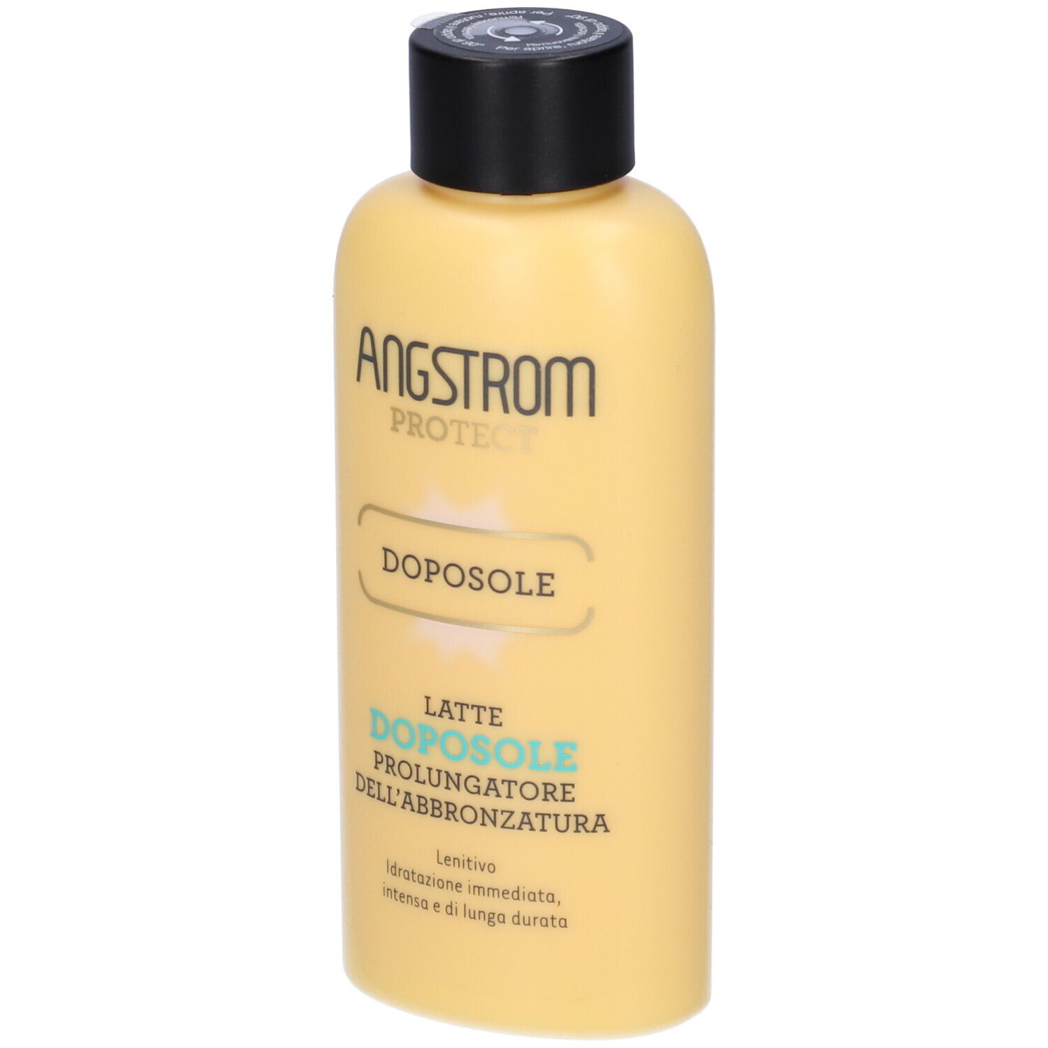 Flacone giallo con tappo nero. Testo: ANGSTROM PROTECT, DOPOSOLE, LATTE DOPOSOLE.