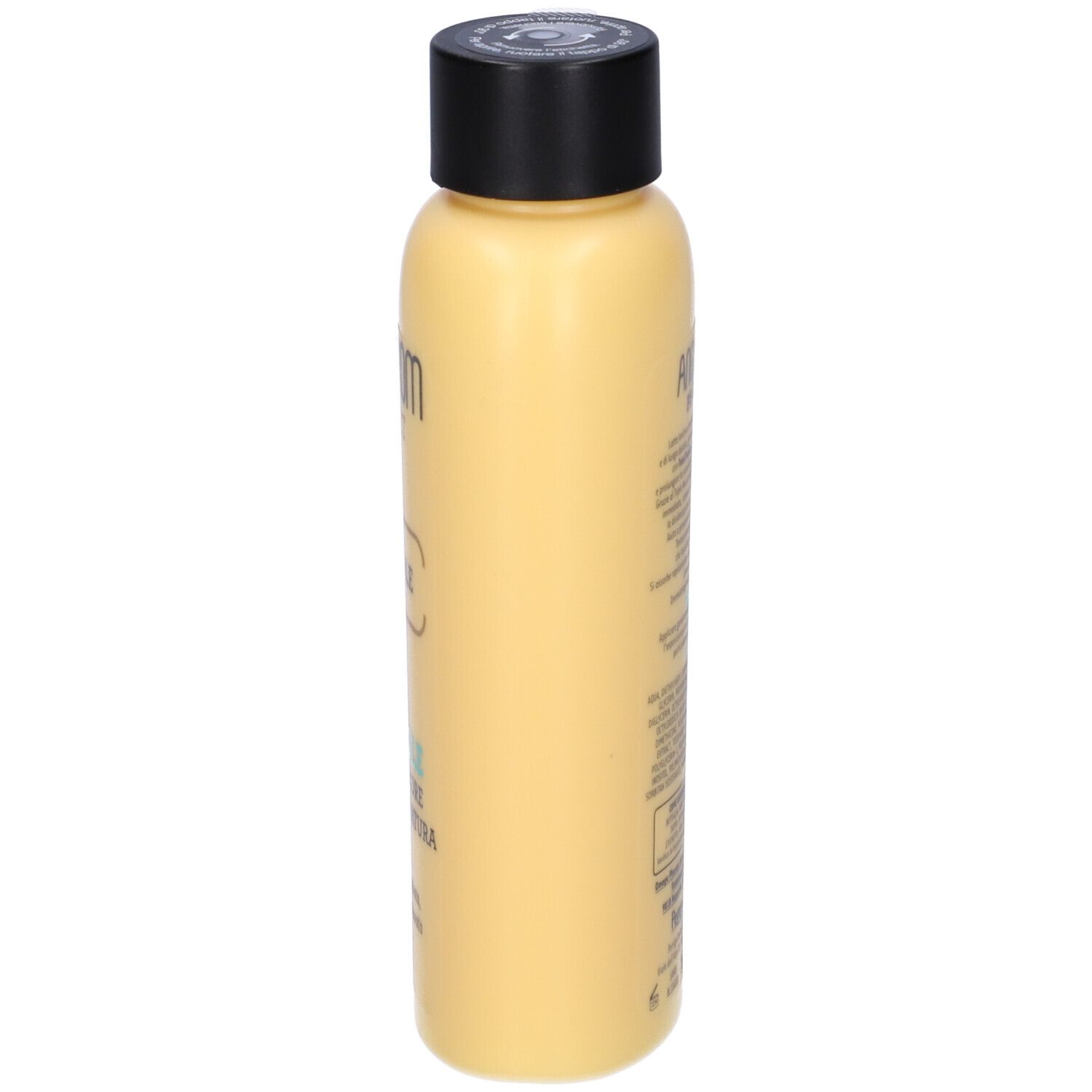 Flacone giallo con tappo nero. Testo sul flacone.
