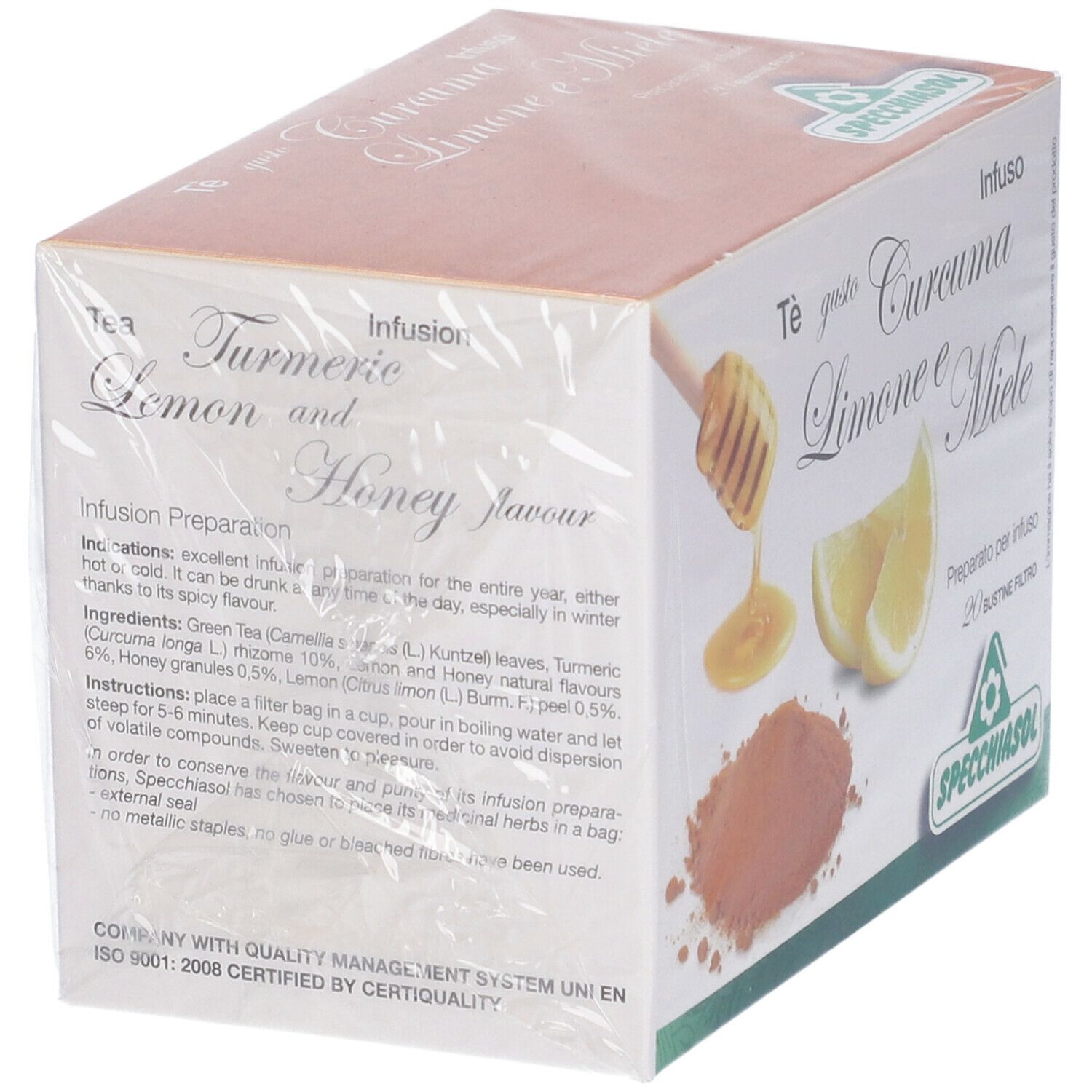 Confezione con scritta: Specchiasol Tè gusto Curcuma Limone e Miele. Elenco ingredienti e istruzioni.