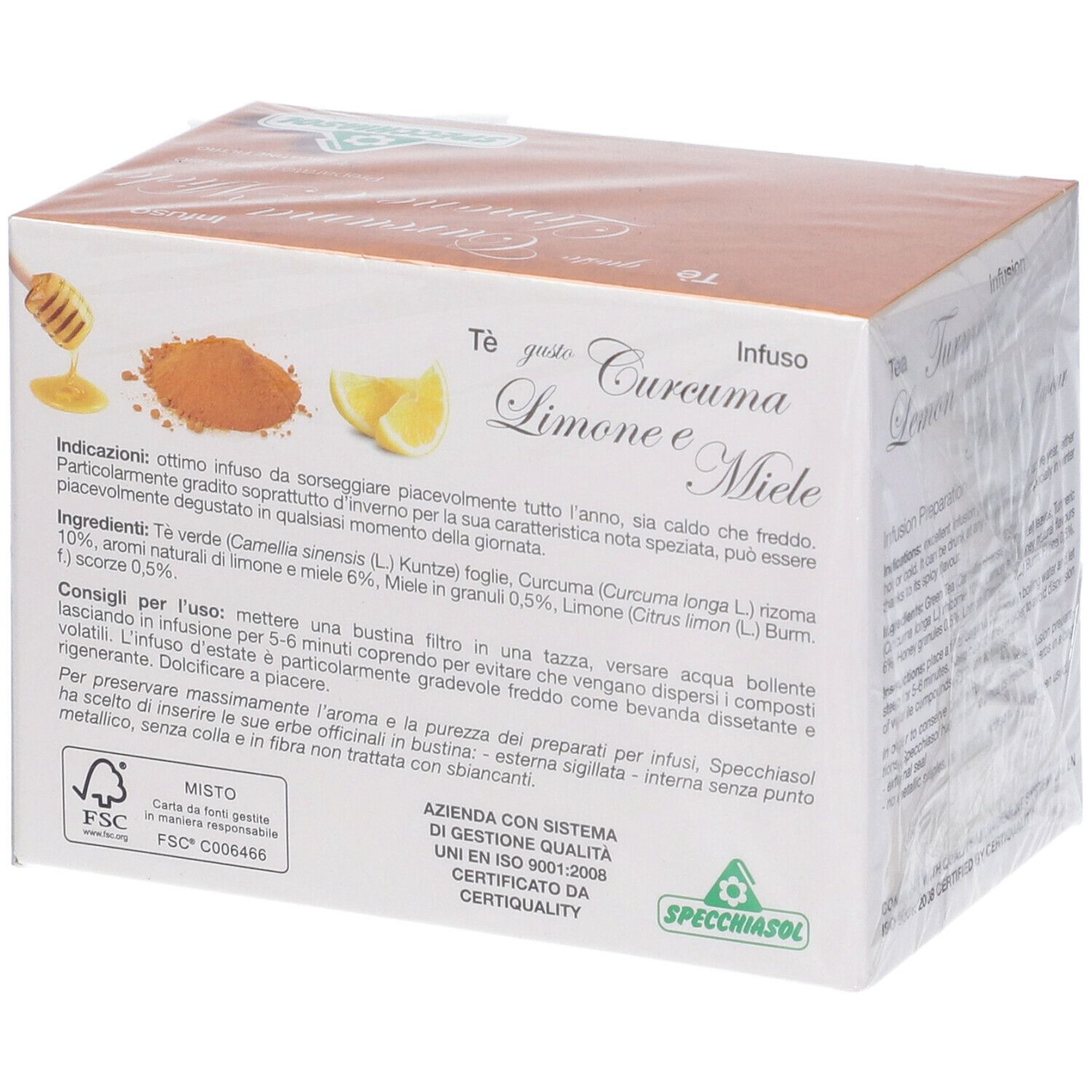 Confezione con scritta: Specchiasol Tè gusto Curcuma Limone e Miele. Retro con ingredienti e certificazioni.