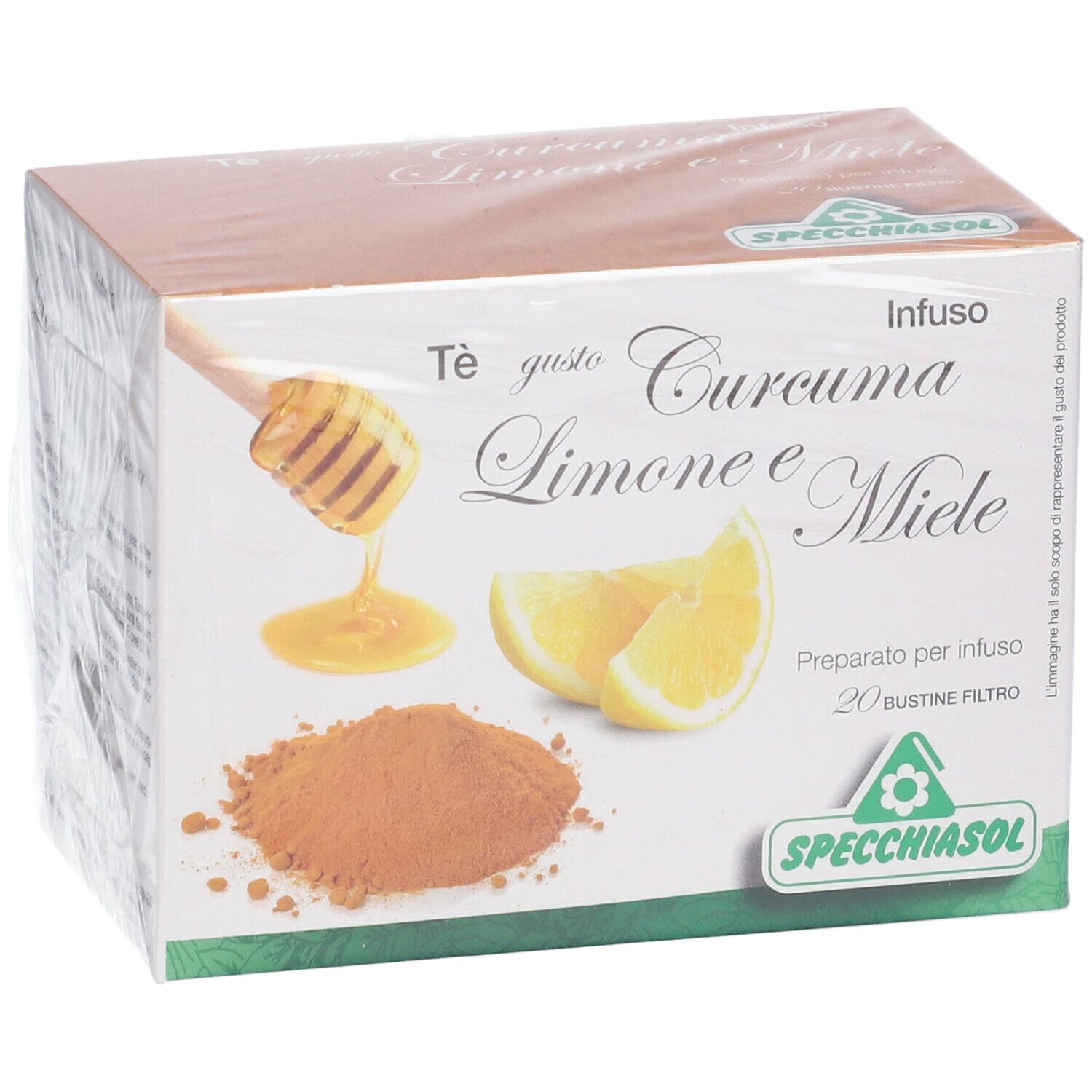 Confezione con scritta: Specchiasol Tè gusto Curcuma Limone e Miele. Illustrazione di limone, miele e curcuma.