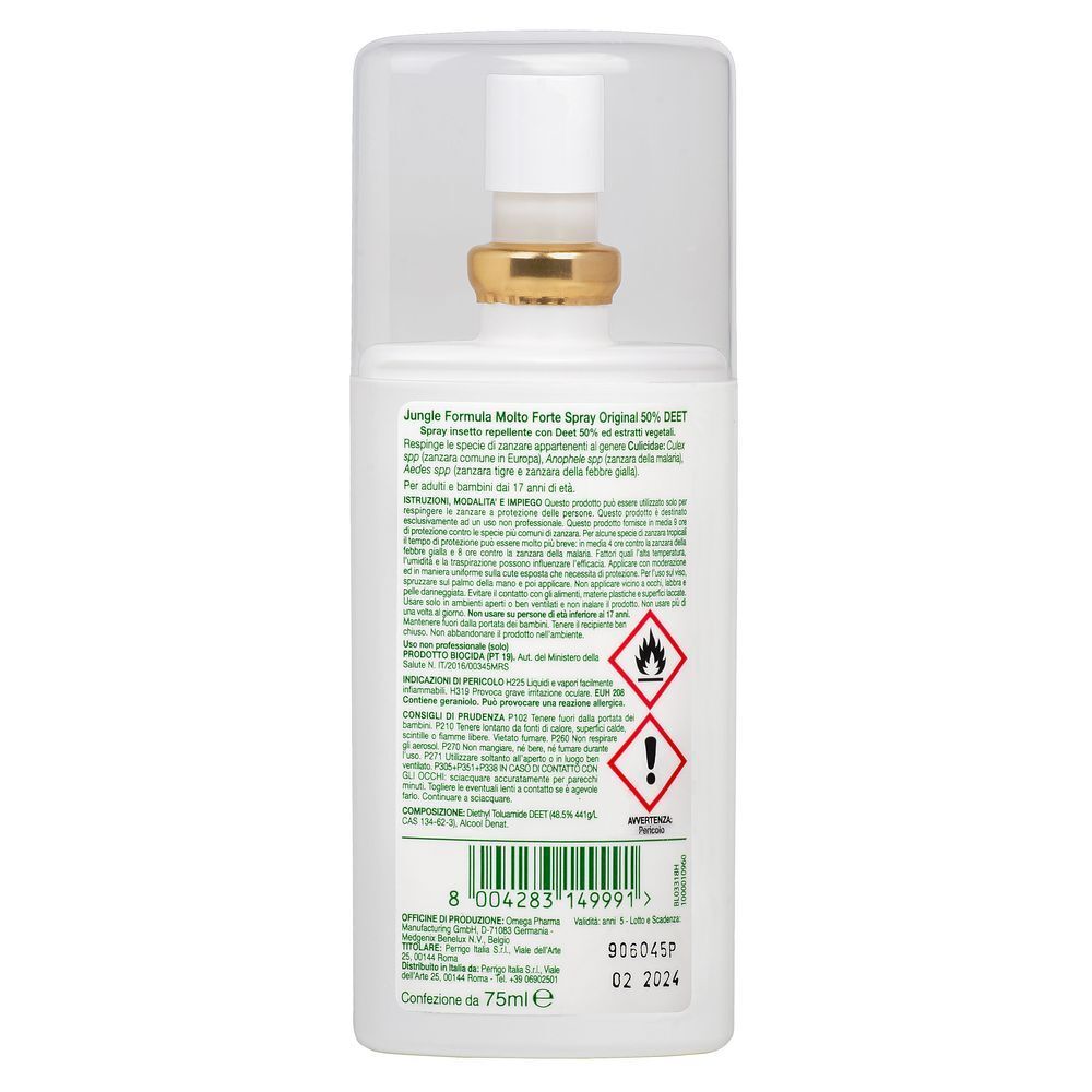 Rückseite einer weißen Sprayflasche. Text und Piktogramme auf grünem Hintergrund. Enthält Warnhinweise und Barcode.