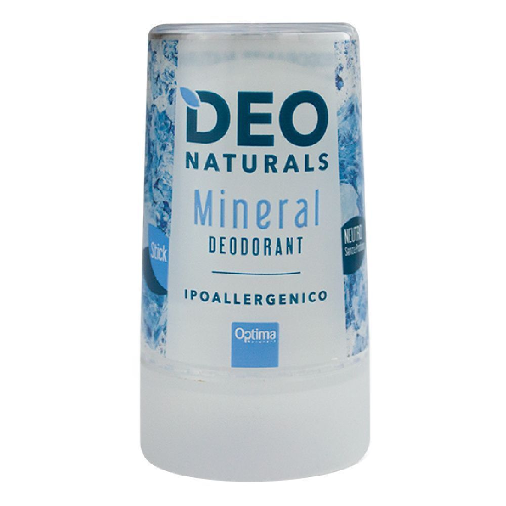 Stick deodorante cilindrico. Scritta: DEO NATURALS Mineral Deodorant, ipoallergenico. Confezione blu e bianca.