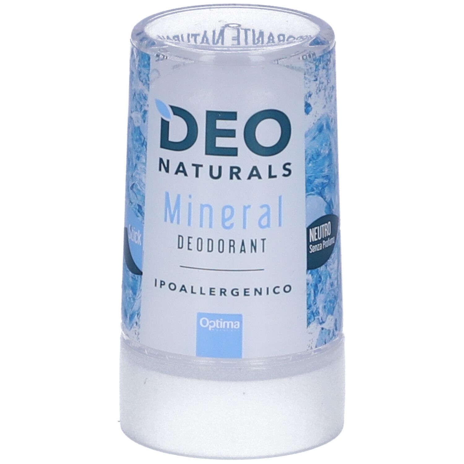 Stick deodorante cilindrico. Scritta: DEO NATURALS Mineral Deodorant, ipoallergenico. Formula neutra. Confezione blu e bianca.