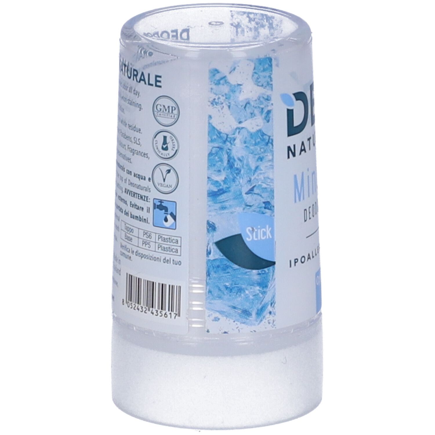 Stick deodorante cilindrico. Scritta: DEO NATURALS Mineral Deodorant, ipoallergenico. Confezione con informazioni e certificazioni.