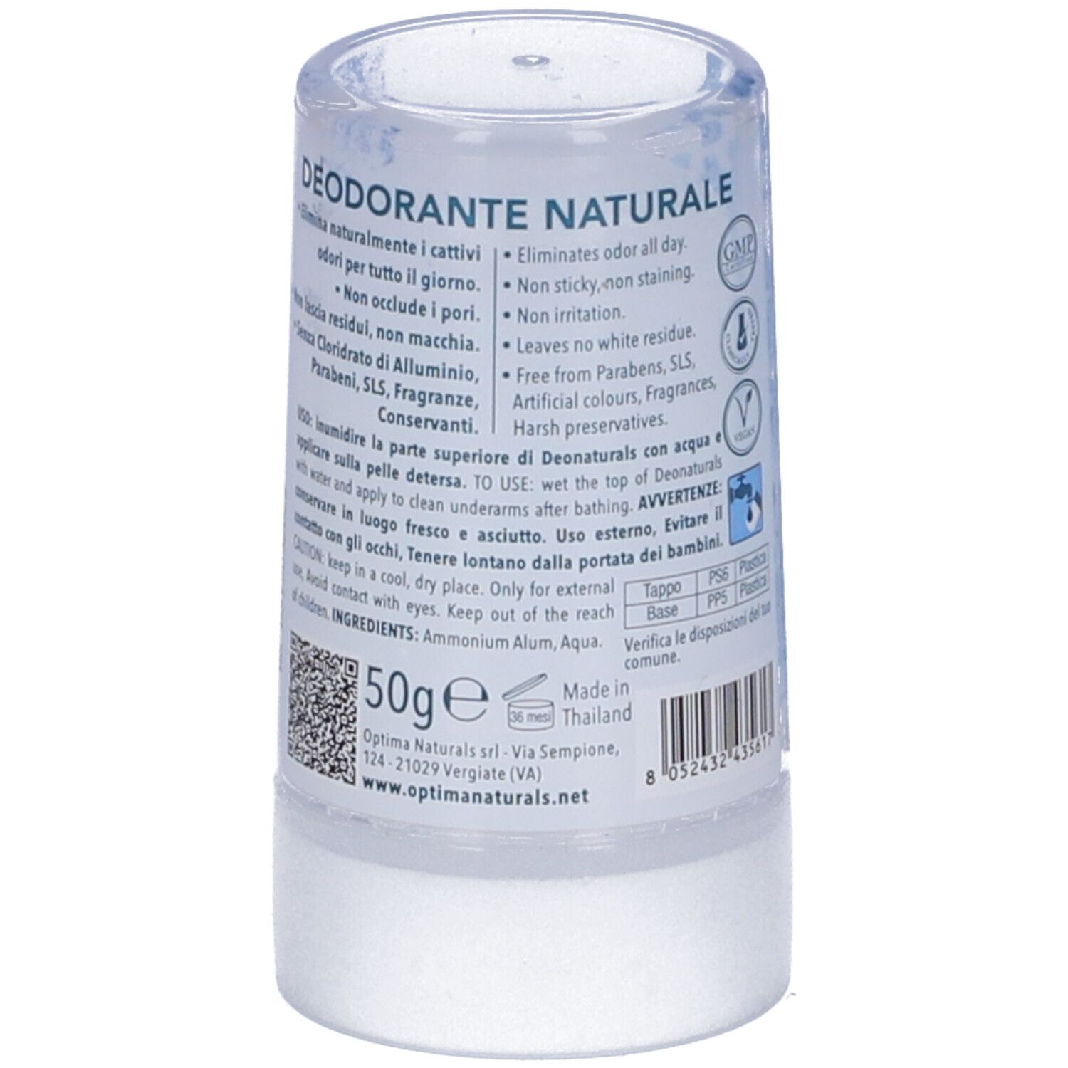 Stick deodorante con informazioni sulla confezione. Contiene ingredienti, peso, indirizzo produttore e certificazioni.