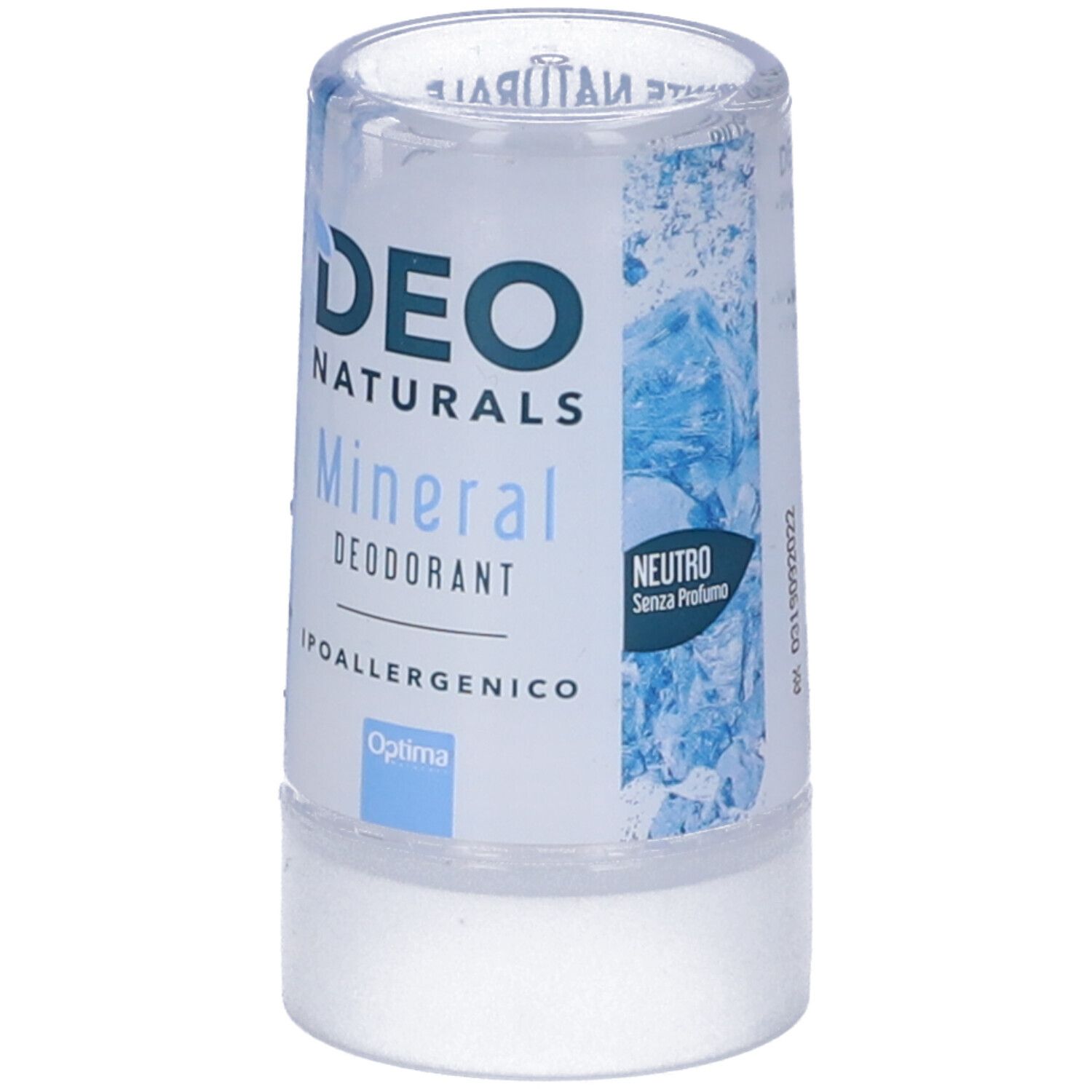 Stick deodorante cilindrico. Scritta: DEO NATURALS Mineral Deodorant, ipoallergenico. Formula neutra. Confezione blu e bianca.