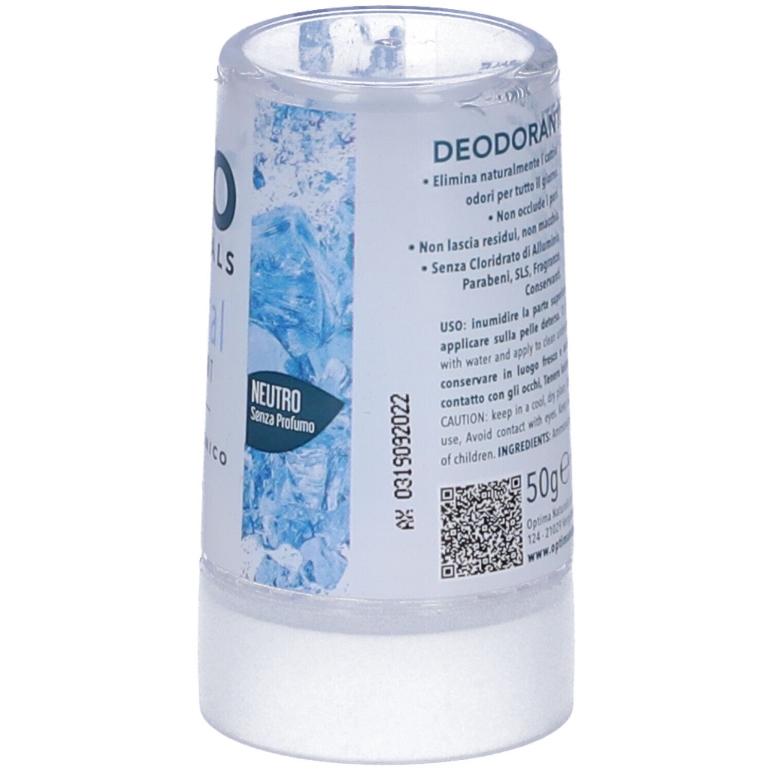 Stick deodorante cilindrico. Scritta: DEO NATURALS Mineral Deodorant, ipoallergenico. Formula neutra. Confezione con codice QR.