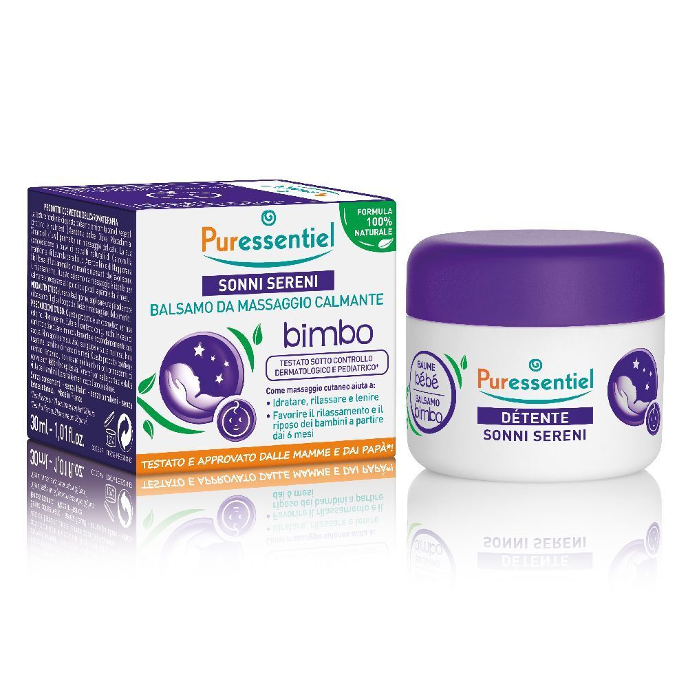 Vaso e scatola. Scritto: Puressentiel, balsamo da massaggio calmante bimbo. Formula 100% naturale.