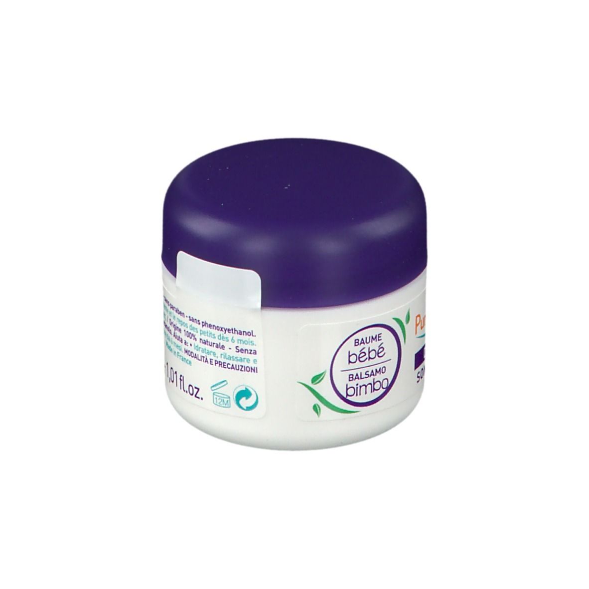 Vaso di crema bianco con coperchio viola. Scritto: Puressentiel, Détente Sonni Sereni. Logo luna e stelle.