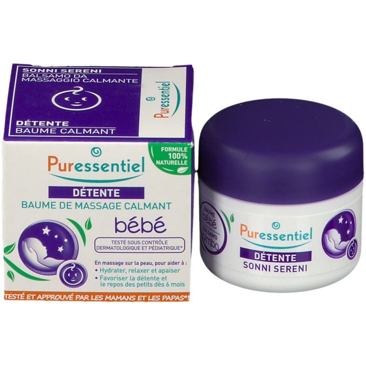 Vaso e scatola. Scritto: Puressentiel, Détente, Baume de massage calmant bébé. Logo.