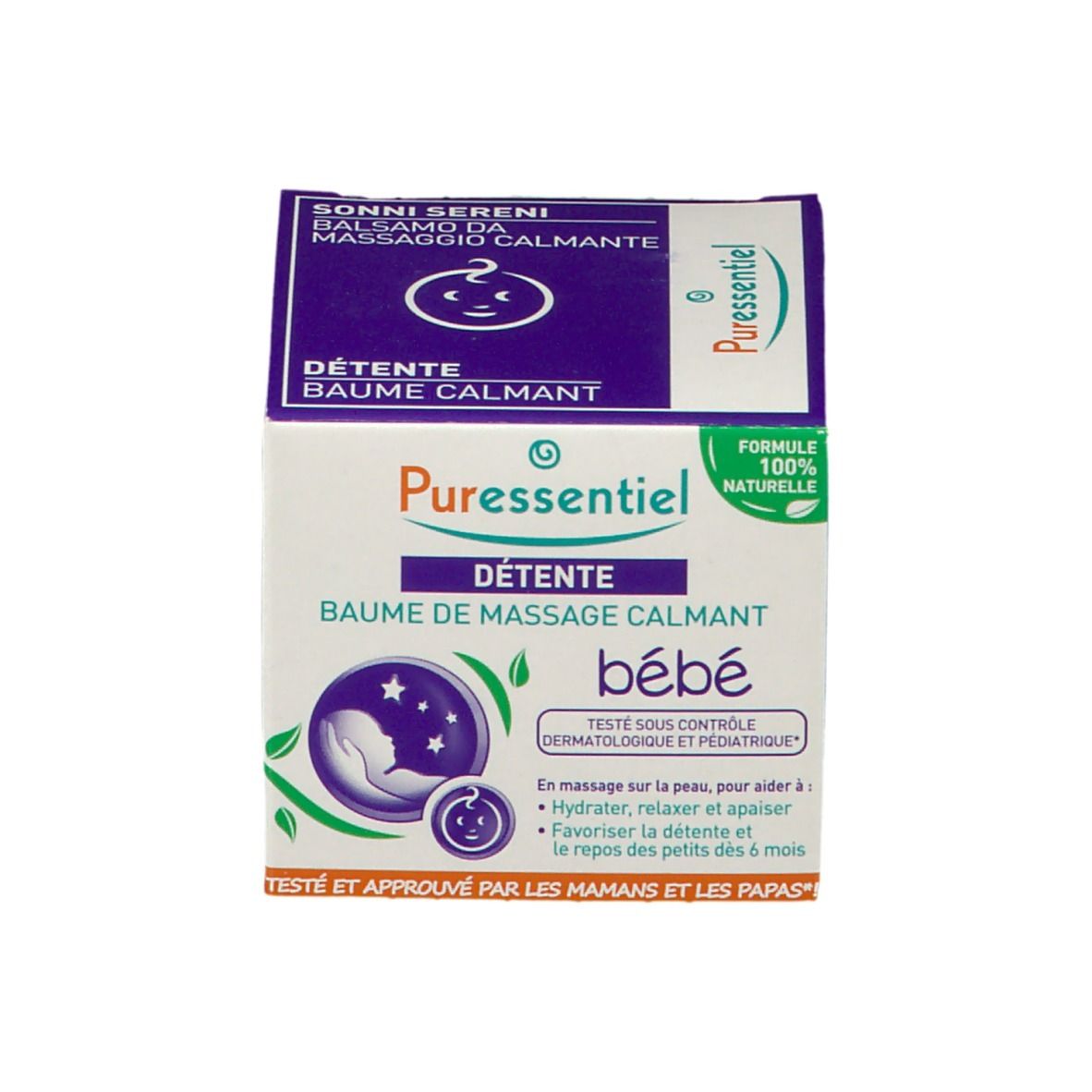 Scatola. Scritto: Puressentiel, Détente, Baume de massage calmant bébé. Logo. Formula 100% naturale.