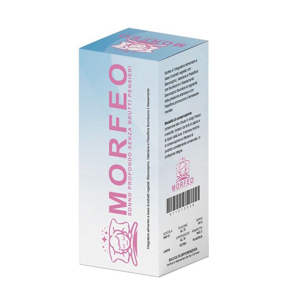Scatola MORFEO rosa, testo e volto che dorme. Testo italiano sul retro.