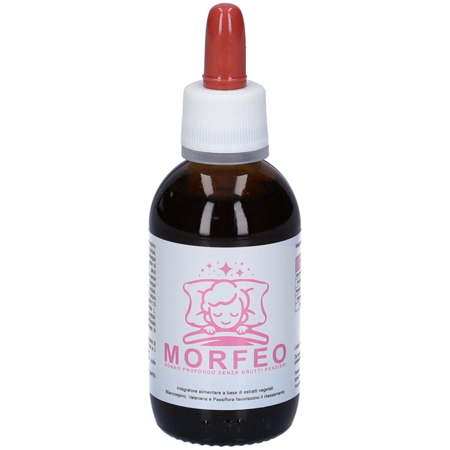 Flacone di vetro marrone con contagocce. Etichetta MORFEO e testo. Contagocce rosso.