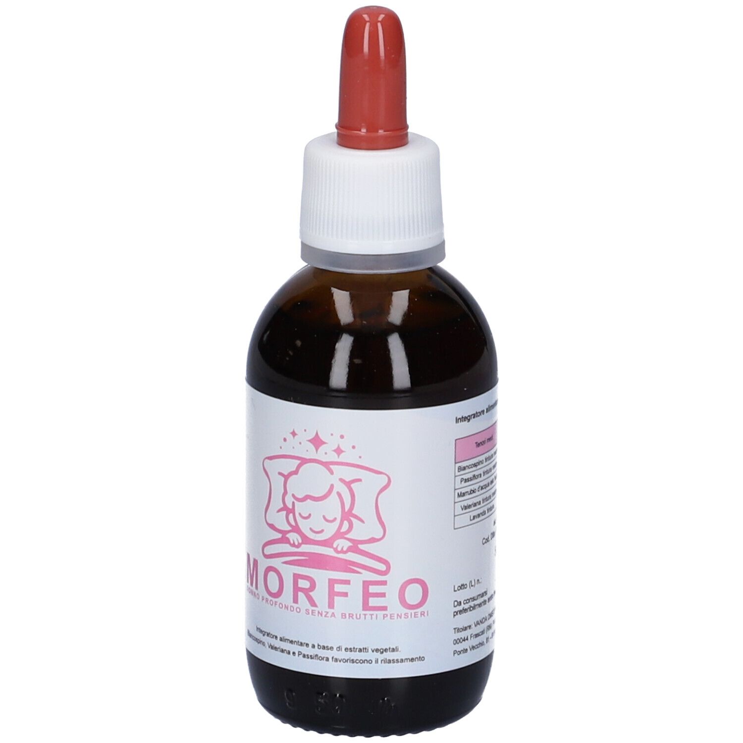 Flacone di vetro marrone con contagocce. Etichetta con testo e logo MORFEO. Contagocce rosso.