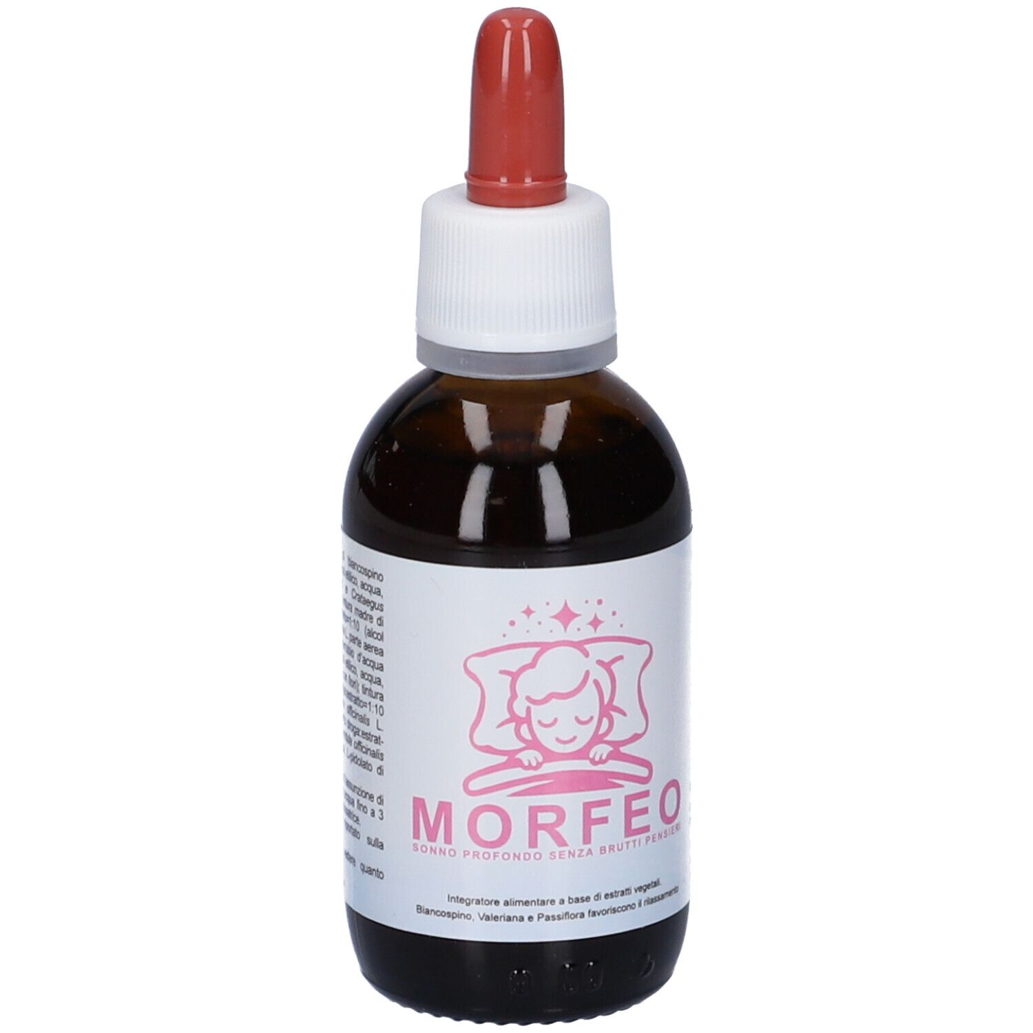 Flacone di vetro marrone con contagocce. Etichetta con testo e logo MORFEO. Contagocce rosso.